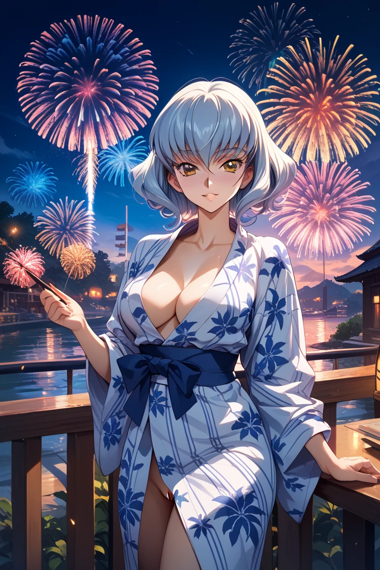 ((One personの女性)), Beautiful Face, (Laughing embarrassedly), (smirk:1.4), ((Wink:1.5)), (head tilt:1.3), Laugh with your mouth wide open, upper teeth, looking at viewer, ((full-face brash:1.5)), Glossy Red Lips, ((Big Breasts:1.3), night,Terrace with sea view, firework, Glossy pink lips, (Shining Face), ((Anime style background)),masterpiece, Highest quality, so beautiful,up to date, Complex details, (Pink long nails), (nail art), (ring),(bracelet),(Floral choker), (ring helix piercing:1.7), AI-generated, Complex,High resolution, Highest quality, super high quality,3D Images、3D Images,One person,Long white hair,High Ponytail, Anime woman posing for a photo, ((silver eyes:1.6)), ((Fine grain、blue eyes、Shining Eyes:1.3)), (Squint your eyes:1.1),a hyperRealistic , hyperRealistic , Realistic,Anime woman with long white hair, Smooth anime CG art, (A woman in a colorful kimono with gold embroidery), ((Black long sleeve kimono:1.3)), Red floral pattern,Long flower hair ornament,Earrings,Mature Body,Tall,Abdominal muscles,Tight waist, ((Zoom in on face:1.5)), (dutch angle:1.3),