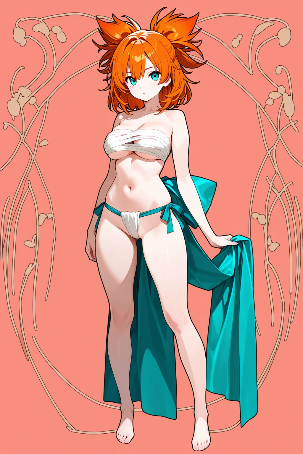 Woman in white fur jacket and pink bikini against wall, Full body image , Seitenlicht, Chest size Small, Shy face, Haru Okumura