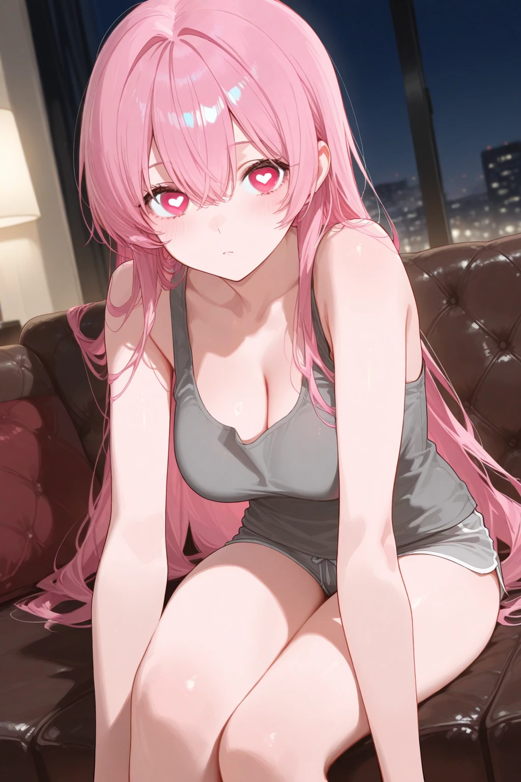 A girl with long pink hair, white slip dress, milky skin, sexy, clear breasts, slender legs, perfect buttocks, bedroom, dim lighting, shy, squinting, red face