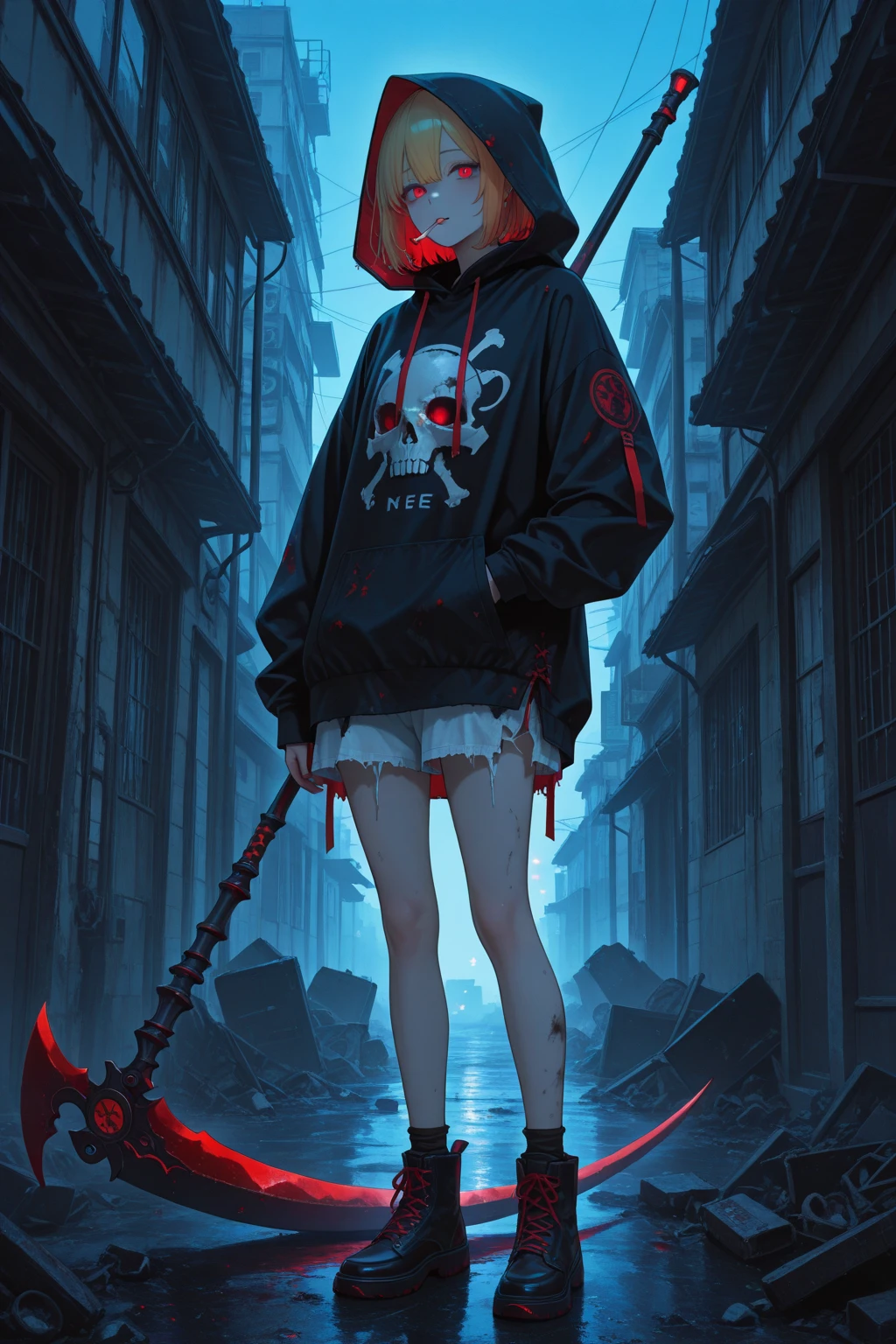 masterpiece,best_quality,concept_art,1girl,solo,loli,Necromancer,white_hair,long_jacket,purple_eyes,purple_liquid,wand,partly_bangs,hair_between_eyes,sneakers,black_legwear,((tentacles,skull,nightmare,flouting_eyeballs,blood))