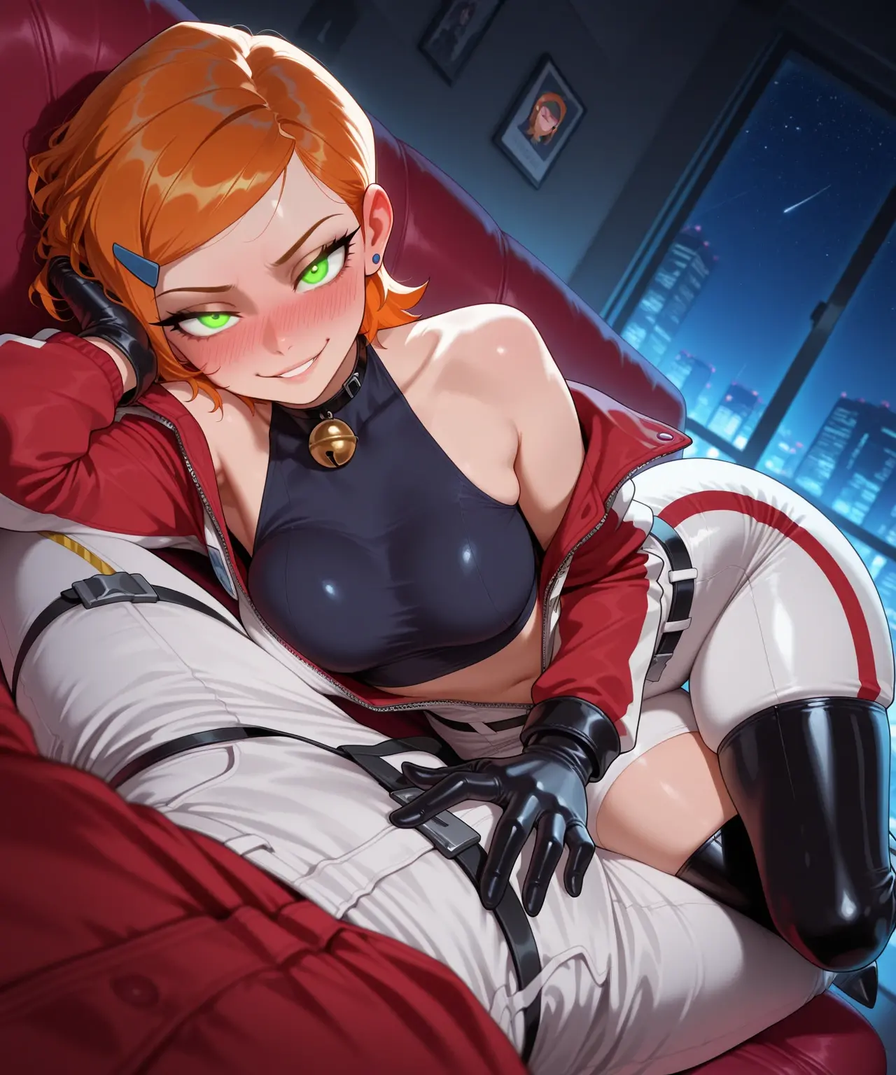 ((masterpiece, pixelart, absurdres)), eggmaam, (wide hips, narrow waist, facing viewer, ((lying, on side, leg up)), curvy, ((sitting on top of giant green diamond shaped gemstone)), frontal view), 1girl, solo, (red lips, lipstick), detailed eyes, very long hair, blue eyes, gloves, smile, white gloves, ((full lips, sunglasses, blue-tinted sunglasses)), orange hair, very large breasts:1.4, goggles on head, (indoors, dark room, cave, mural, ancient temple, inscriptions, red jacket, (open jacket, black bra, cleavage, zipper pull tab), white gloves:1.4, black skirt, black thigh-high boots, ((spoken heart, loving aura)), steam), <lora:Biting_Lip_v13:0.85> <lora:eggmaam-000005:0.70> <lora:blushyspicy-32:0.6>