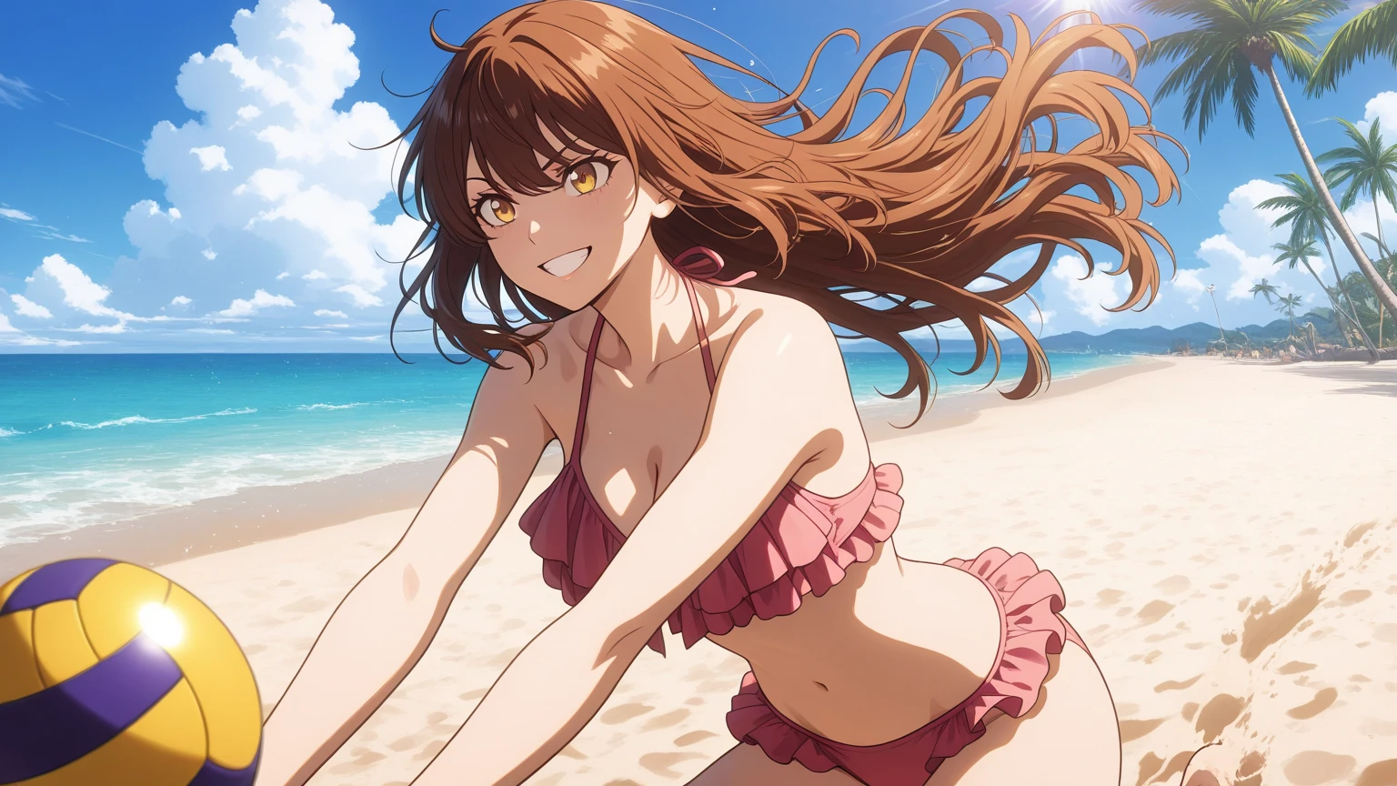 fuyutsuki, 1girl, solo, long_hair, breasts, looking_at_viewer, bangs, brown_eyes, brown_hair, cleavage, hair_between_eyes, jewelry, medium_breasts, closed_mouth, collarbone, swimsuit, upper_body, bikini, earrings, outdoors, sky, day, cloud, blue_sky, yellow_bikini
