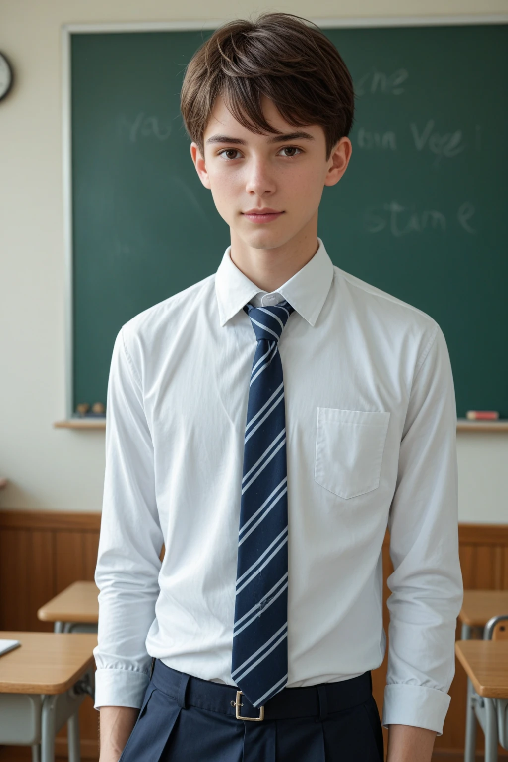(a extremely skinny man) short, baby face standing next to a table in a empty classroom,nude,penis,testicle,perfect penis,full body photo,