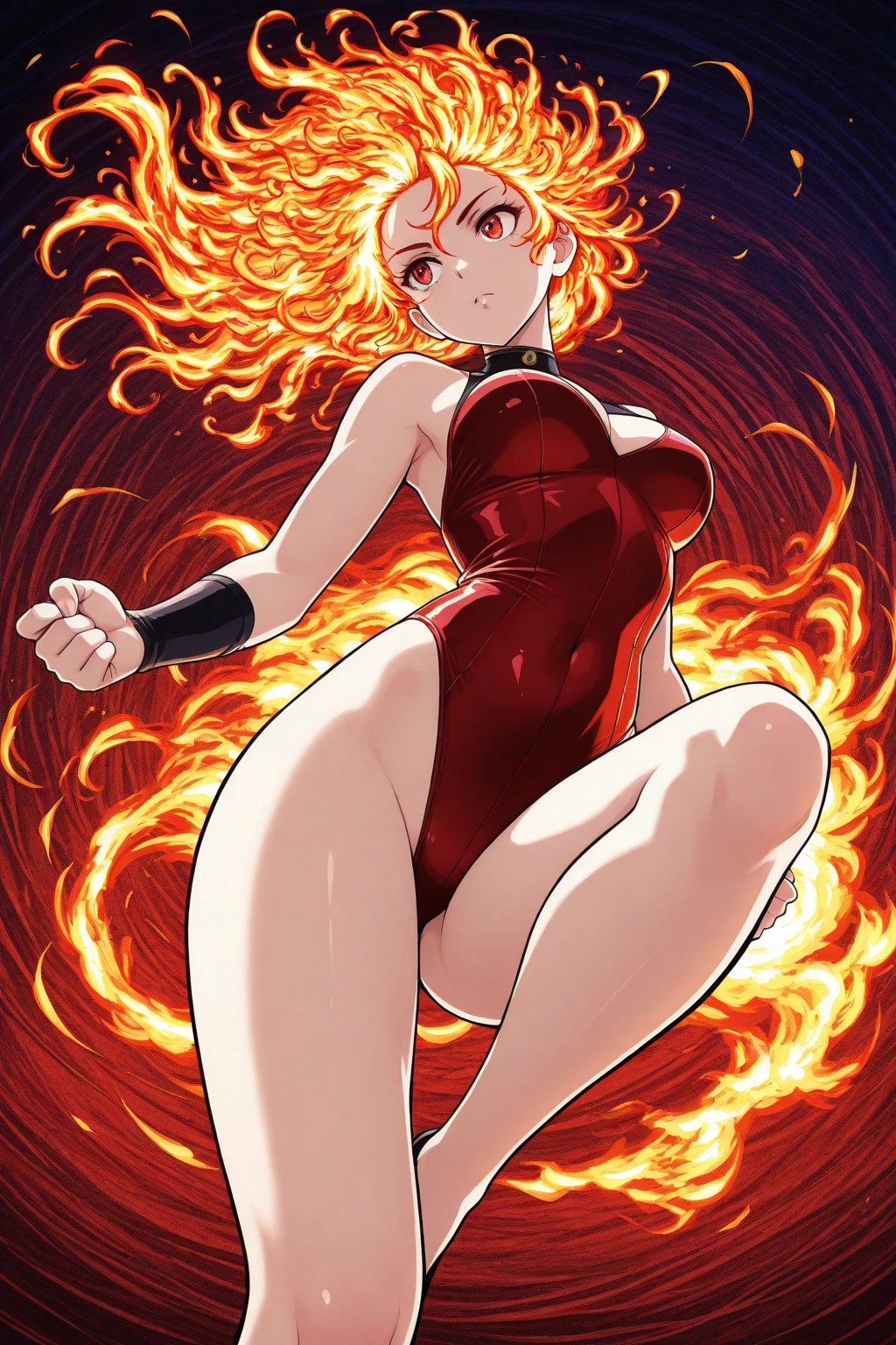 fire、inflammation、very、噴fire、naked、Sweat、wet hair、wet body、Beautiful female magician、blonde updo、((whole body))、(((photo taken from below)))、incantation、devil attacks people