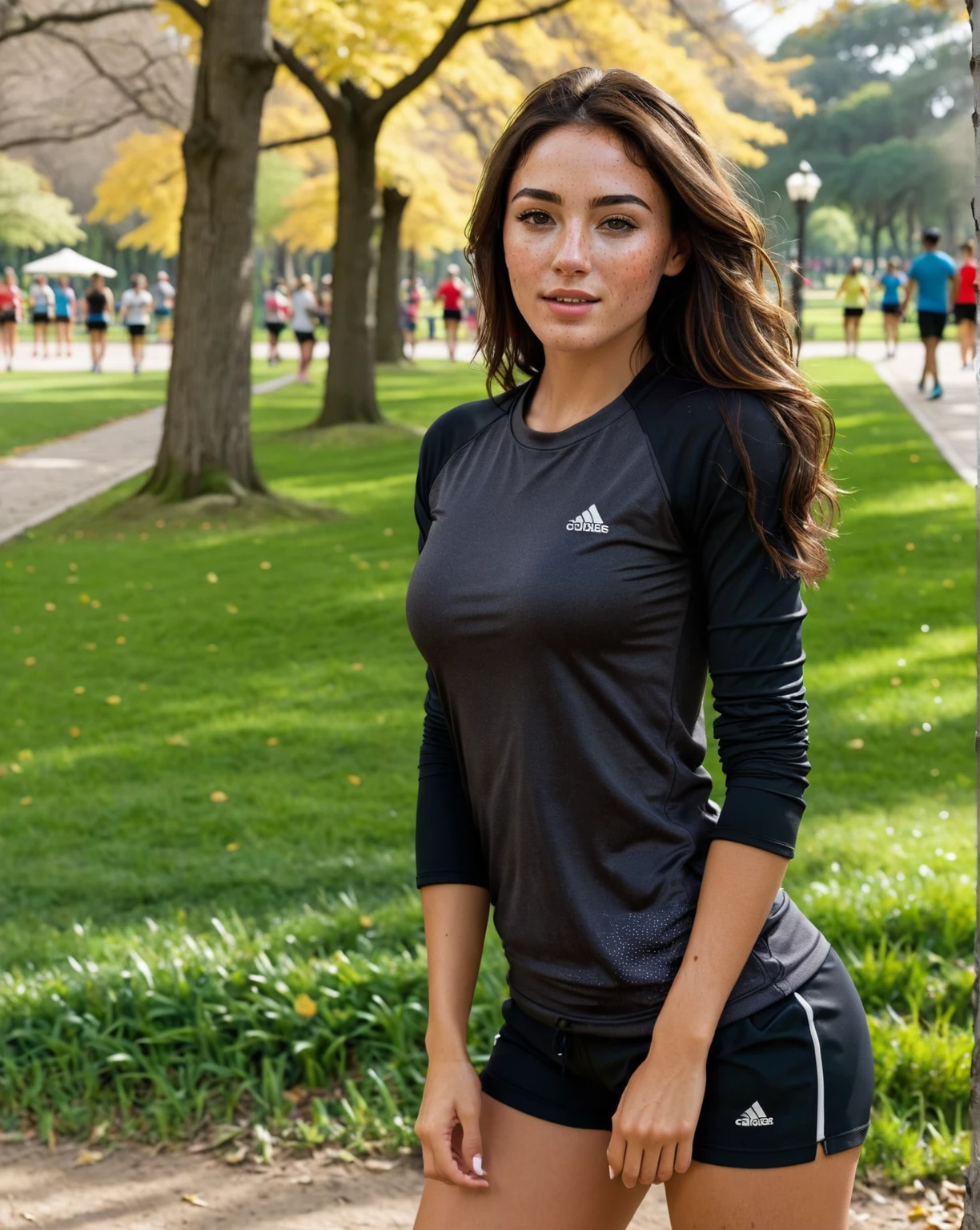 high quality random paparazzi shot (GalGadot , housewife , mother, slim fit figure, flat breast , random angle, broad shoulders ) walking alone,beach side jogging street, sweaty ,tired, oily skin, random erotic photograph , she is wearing a multicolored lose big tshirt , random move ,seductive, tired woman ( depth of field, insanely detailed skin texture, ultra detailed face, hyper detailed features )