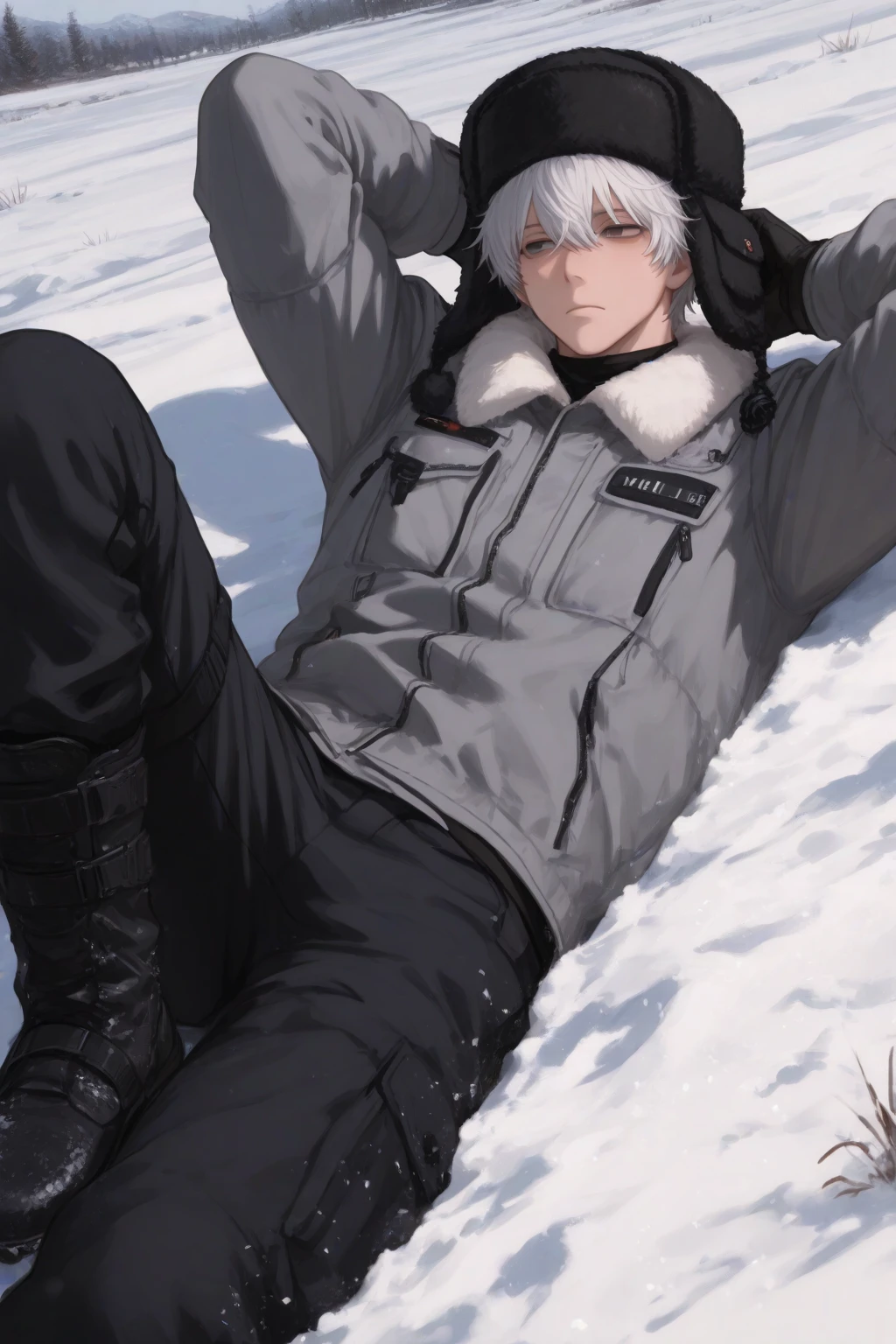<lora:IS_ComicStyle-000080:0.7:lbw=outall>(1boy:1.3), messy hair, short hair, 
lying, closed eyes, coat, pants, on back,
outdoors, snow, snowing, blood,, (best quality, masterpiece:1.3)
