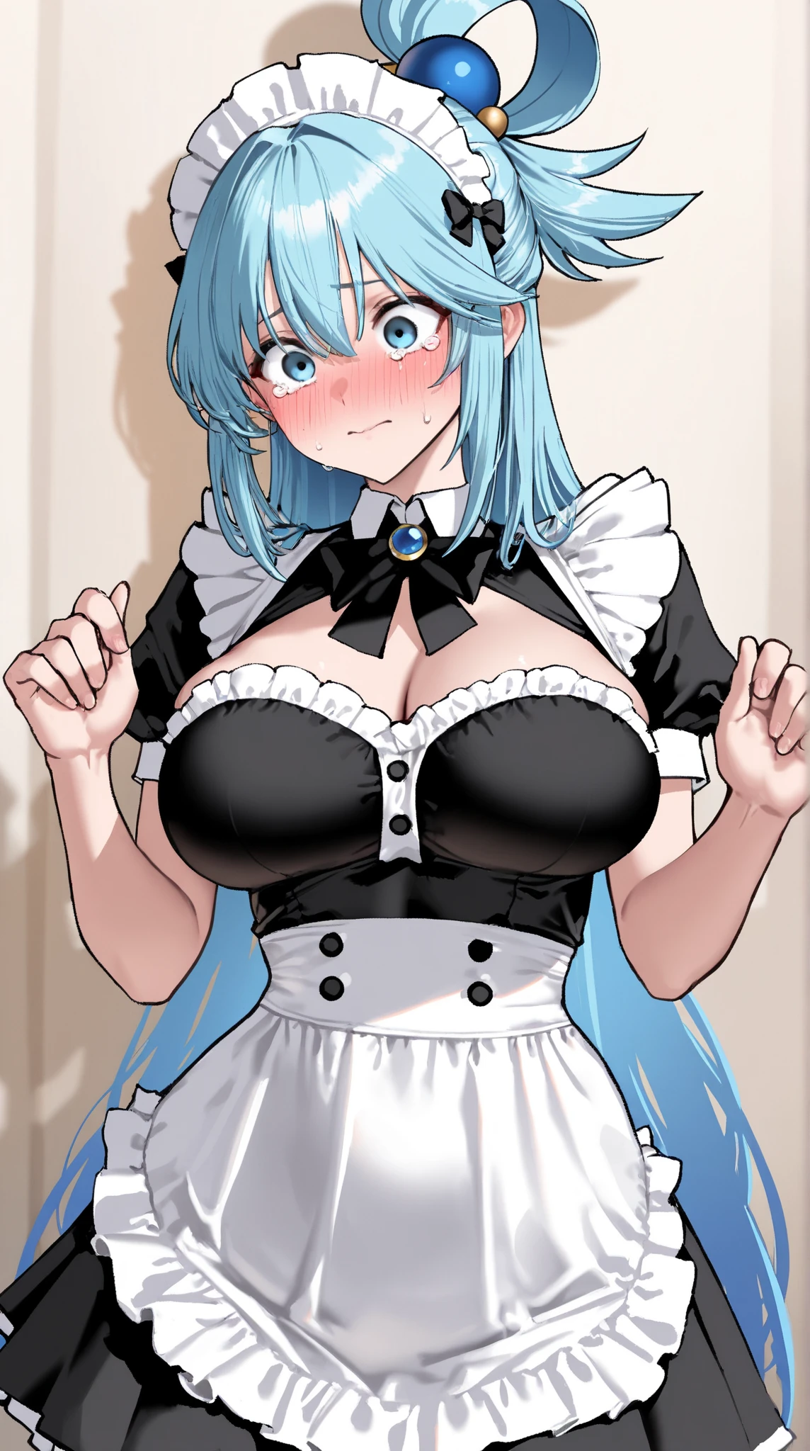 cat ears, loli, child ,1gir ,hair between eyes ,cute ,((masterpiece:1.2, best quality)),solo ,thighs ,((huge breasts)) ,poses ,blue hair ,blue eyes ,twintails ,white background,maid ,thighs