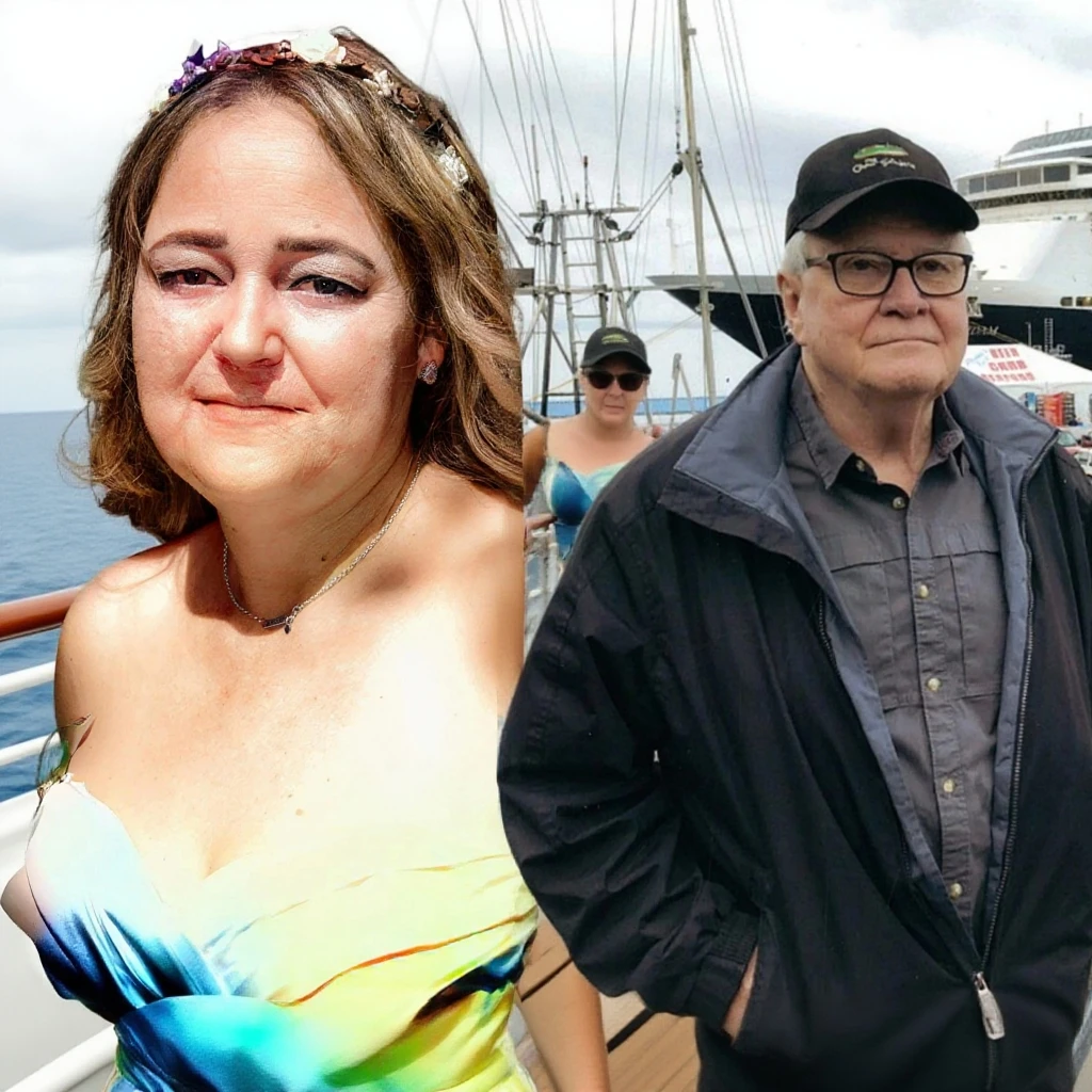 hyper realistic image of Celine Dion(younger in 1997) standing, with the Titanic ship passing behind her, she is posing smiling for the camera, wearing a red dress of the time, she is together with a black man, dark skinned, fat, bald , wears a black beard, big head, wears square prescription glasses that he is hugging her from behind, holding her waist and dressed like Jack, seen from the front, full body, in the year 1912, photograph with an old period look