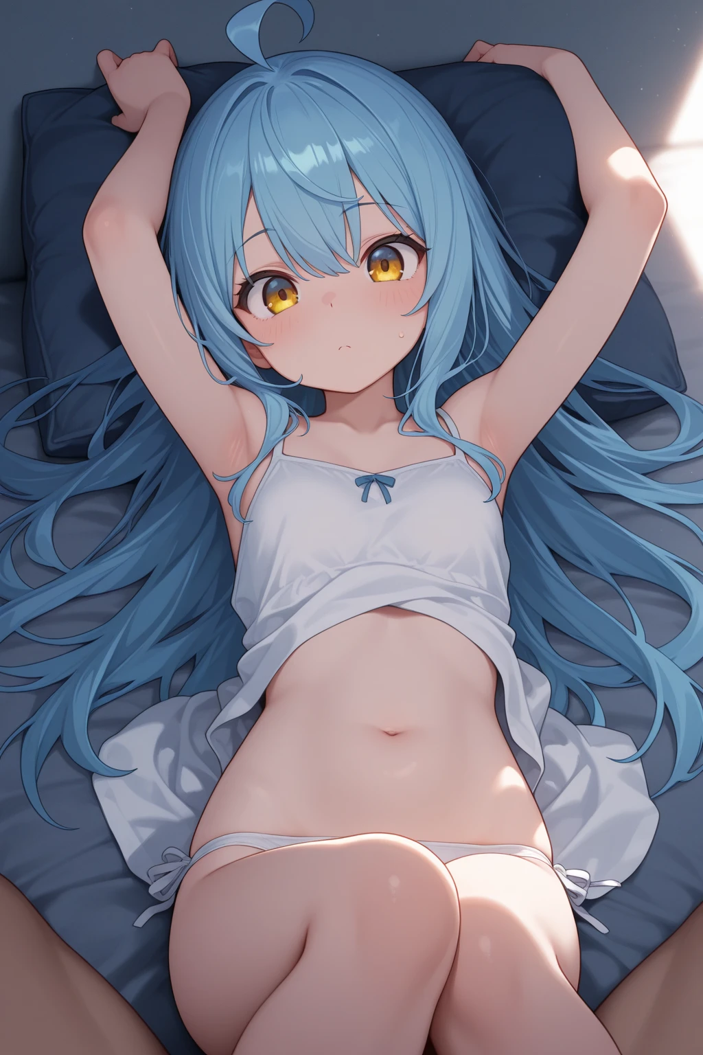 (best quality, masterpiece:1.2), ultra detailed, extremely detailed eyes and face, natural skin texture, detailed skin, natural lighting,
 chibi, 1 girl, 14-years-old, (cute),
 twin tails, light blue hair, shiny hair,
 (small breasts), 
 BREAK cheerleader, white and blue crop top, white and blue sleeveless shirt, midriff blue miniskirt, blue pleated skirt,
 BREAK (orgasm face, closed eyes, aroused, open mouth, gasp, blush cheeks, saliva trail:1.2),
 BREAK (vaginal penis), (a man), hetero, (lying on back:1.4), (lady spread legs:1.3), (m legs:1.4), (intense Sex:1.4), (cum out:1.2),
 bedroom, bed, from above,