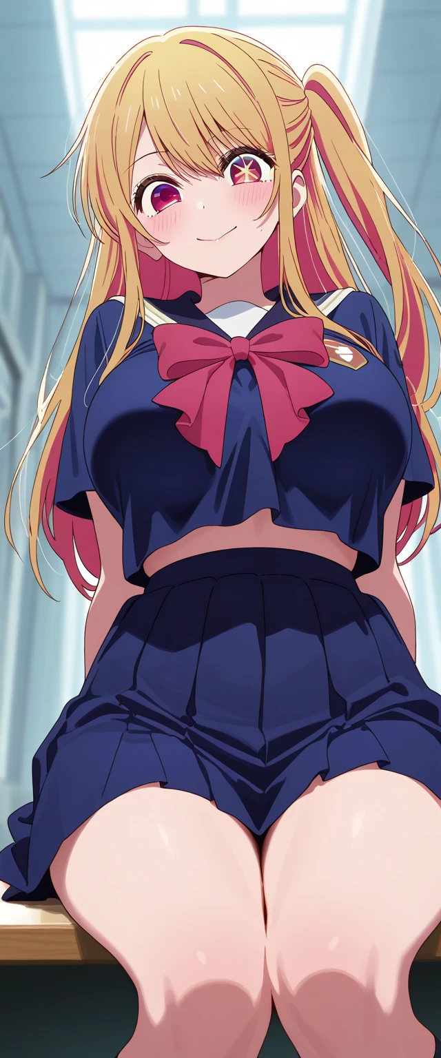 ((Correct Anatomy)),(Detailed image quality),(Female student)、((school uniform))、((Sailor suit))、(Mini Pleated Skirt),(((Black Stockings))),((School Uniform)),((standing)),Ultra-high resolution,Mature Woman, Mature Woman, Very detailed,Sunburned skin,Brown Skin,((Beautiful legs)), (Big Breasts),((Beautiful feet)),Perfect hands, Detailed fingers, Beautiful details, ((Long blonde hair)),((ponytail)),Black Choker, Earrings,loafers,Perfect Eyes, Captivating eyes,(School stairs)