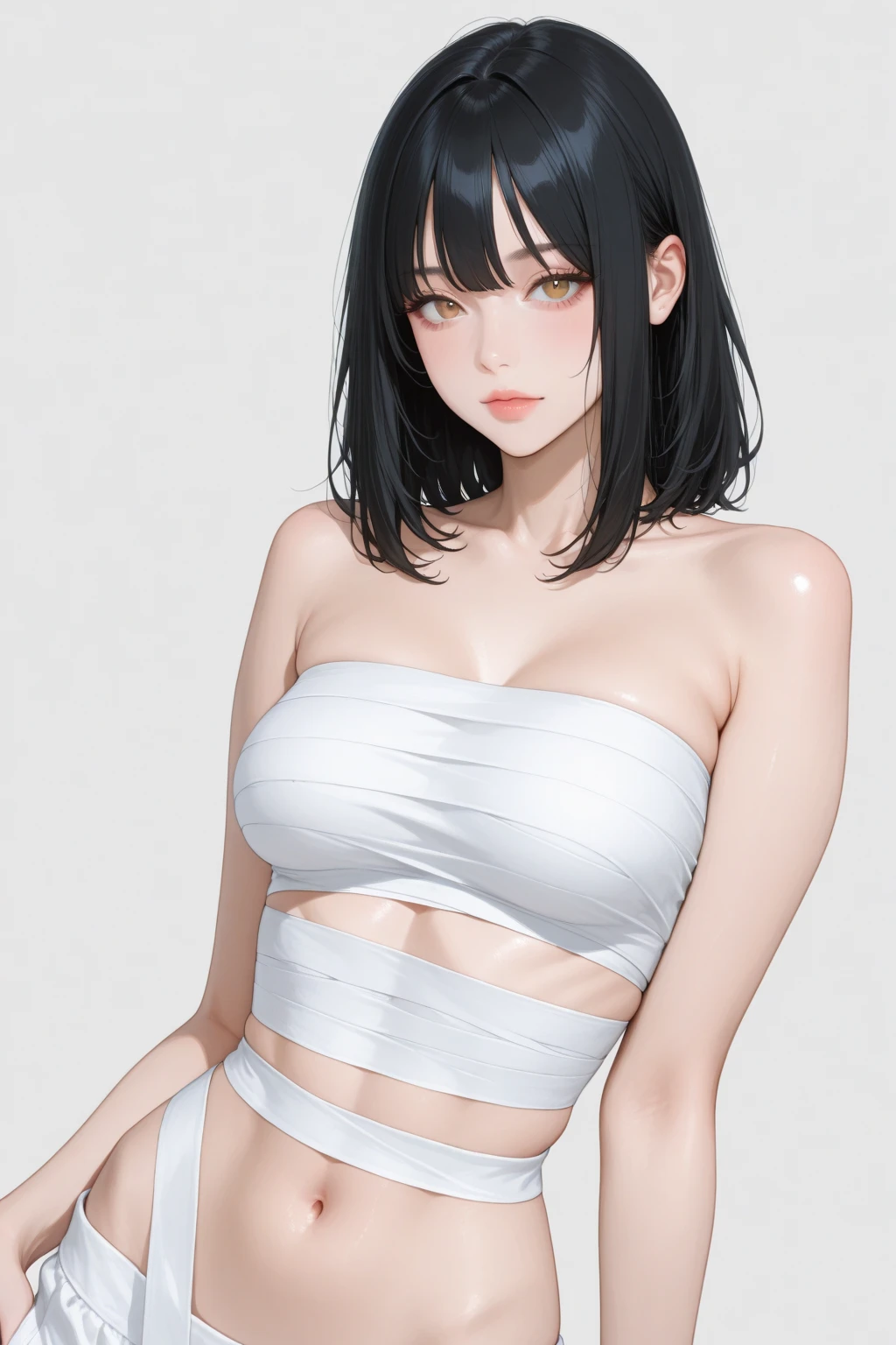 {-erro_de_anatomia:1.0}(Masterpiece - Ultra-Detailed, High Resolution) Masterpiece, absurderes, Hinata\(Boruto\), 1girll, Solo,Mature female, Off-the-shoulder lace shirt, When looking at the camera, Perfect composition, Detailed lips, big breast, Beautiful face, body propotion, Blush, (Pink lips), medium hair, (black hair) Purple eyes, Soft gaze, Super realistic, Detailed, photoshoot, Realistick faces and bodies, whole body, laying on the, looking at the camera, with white background, lilac shoes, jeans