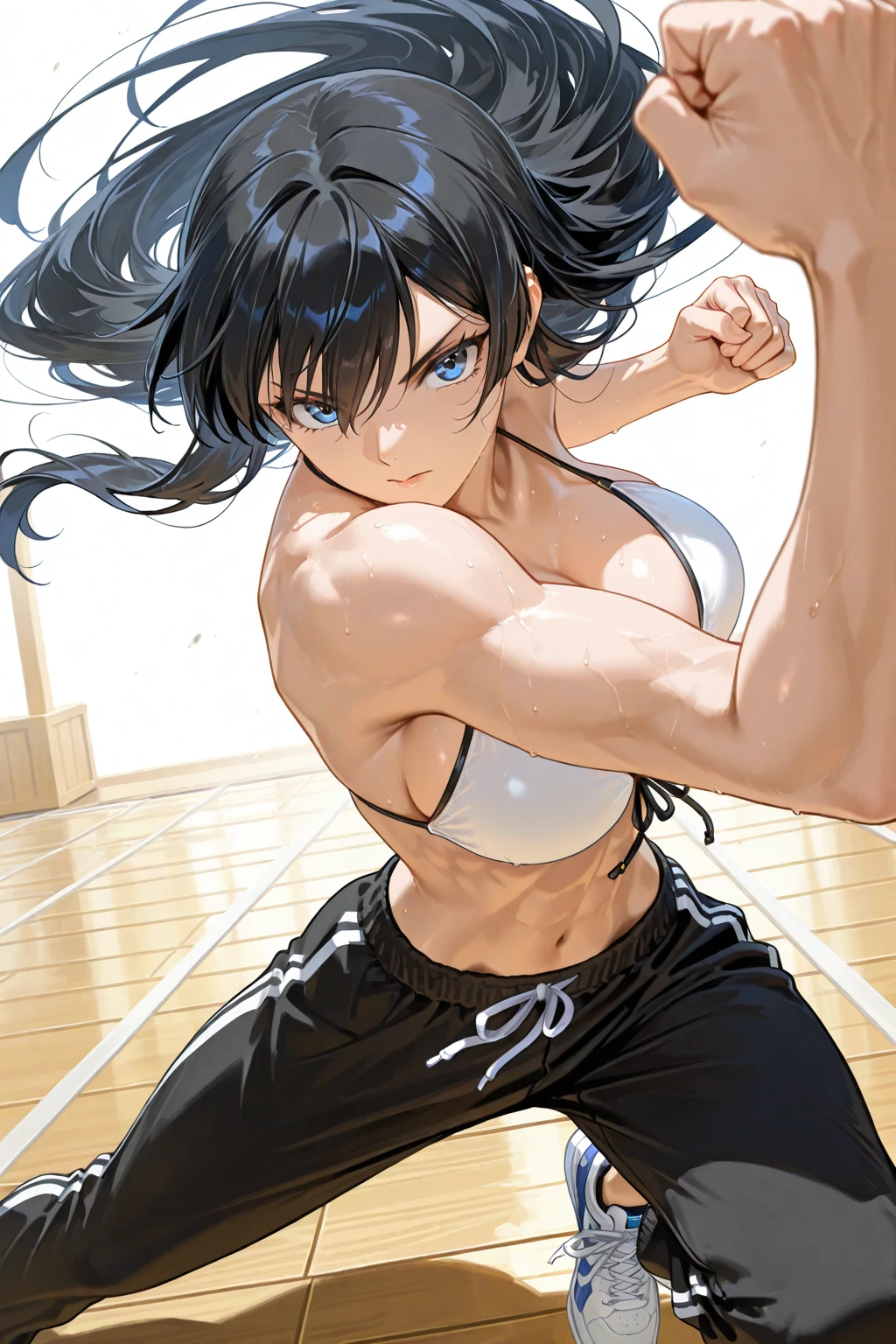 A badass anime depicting a woman sitting on a bench in sportswear showing us her bare foot with more pronounced muscles