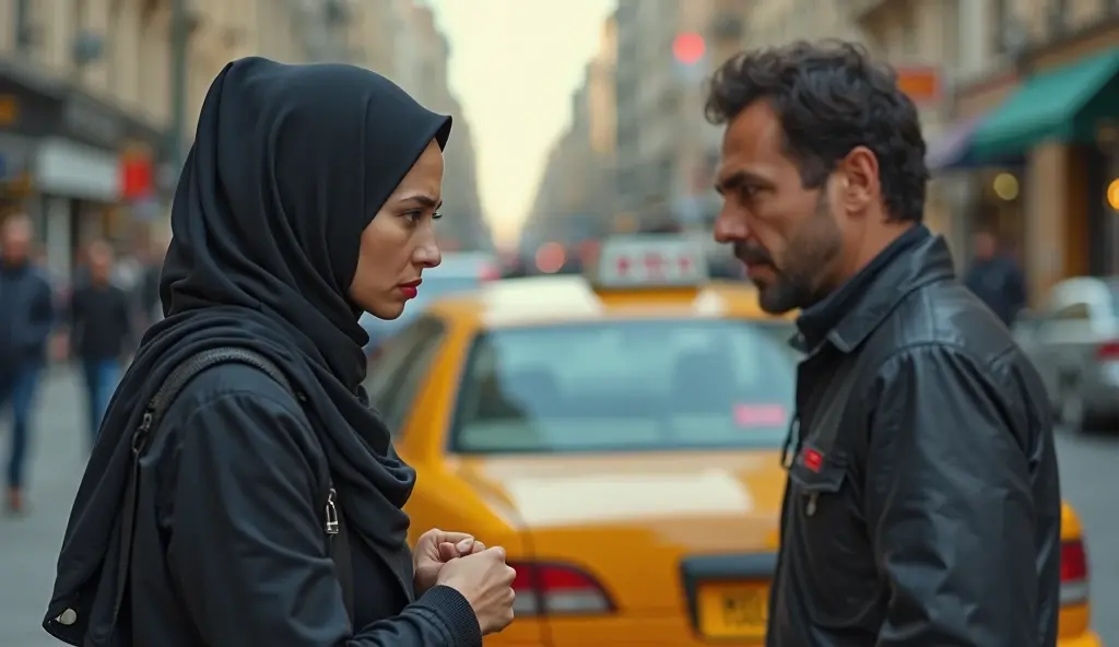 Black headscarf on a crowded bus, Woman in black coat kissing man 