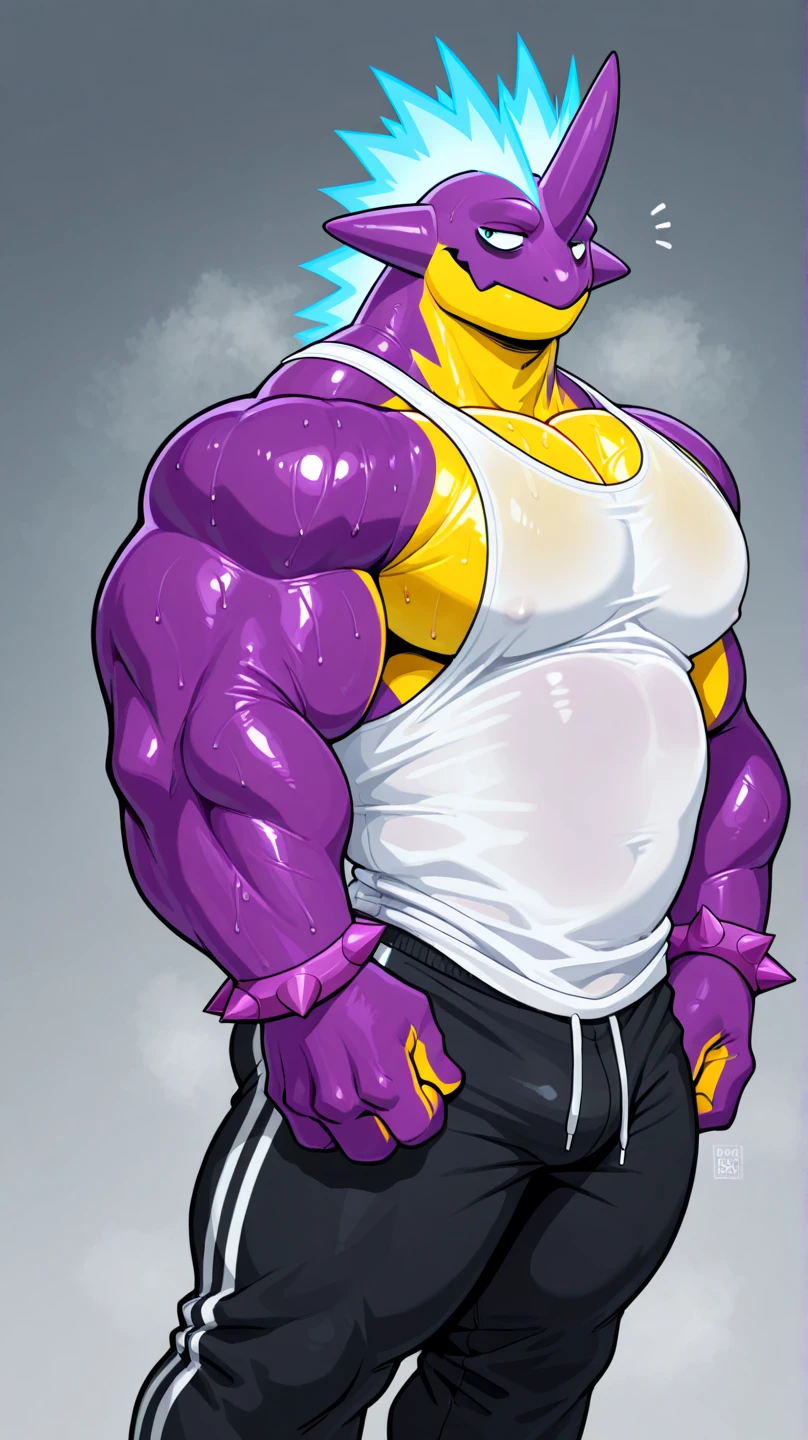 a muscular male shark, light purple skin, dark yellow eyes, walking up from the sea, black swimming trunks, bulge in crotch, shirtless, body wounds, furry, bara, (best quality,4k,8k,highres,masterpiece:1.2),ultra-detailed,(realistic,photorealistic,photo-realistic:1.37),highly detailed portrait, detailed texture, dramatic lighting, cinematic, by hyaku 