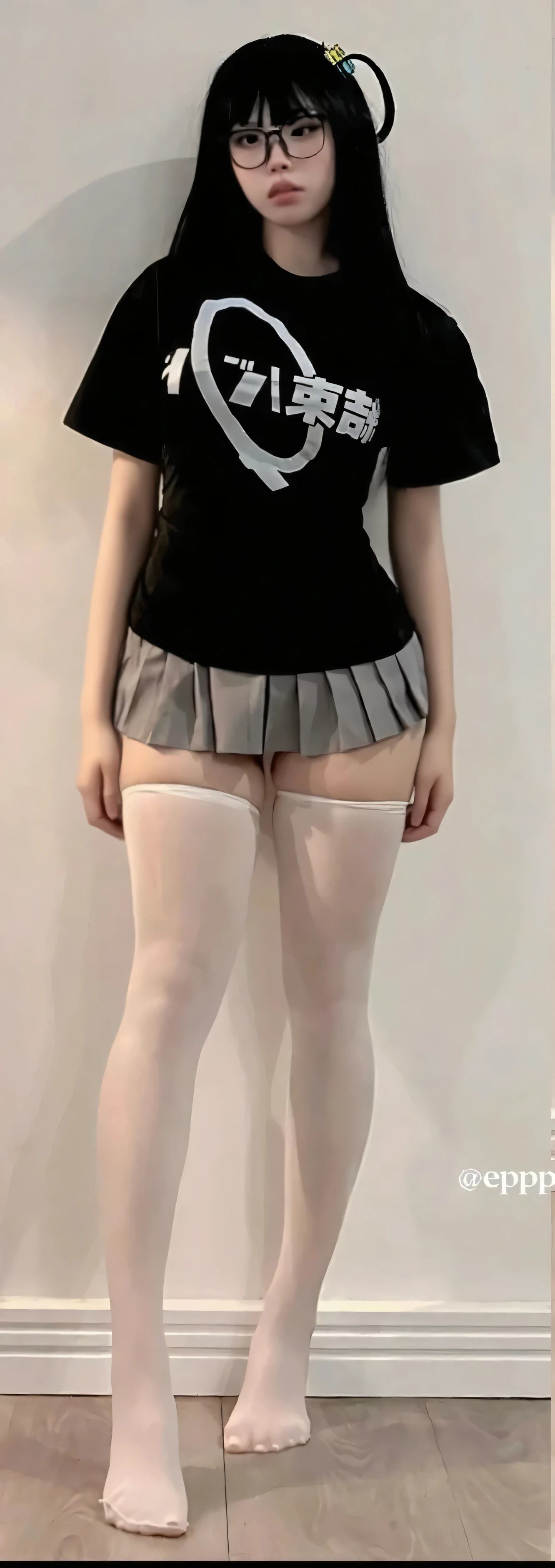 There was a woman in a skirt and a white shirt posing, thighhighs and skirt, wearing dresses, pale milky white porcelain skin, wearing skirt and high socks, pretty face with arms and legs, extremely pale, legs visible, leg and thigh shot, wearing white skirt, transparent gray skirts, wearing honey - themed miniskirt, thigh close-up