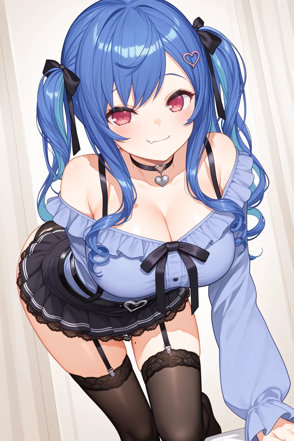 (gigantic firm breasts:1.1)(masterpiece:1.2)(high quality)(best quality)silvervale,blue eyes,blue hair,long hair,multicolored hair,multicolored tail,pink hair,pink tail,streaked hair,swept bangs,vtuber,detailed background,indoors,highres,open clothes,looking at viewer,1girl,bare shoulders,solo,animal ears,head tilt,cat ears,thong,no top,pasties on nipples, kneeling in a wide stance, slight smile, high heels, thigh highs, hands behind head