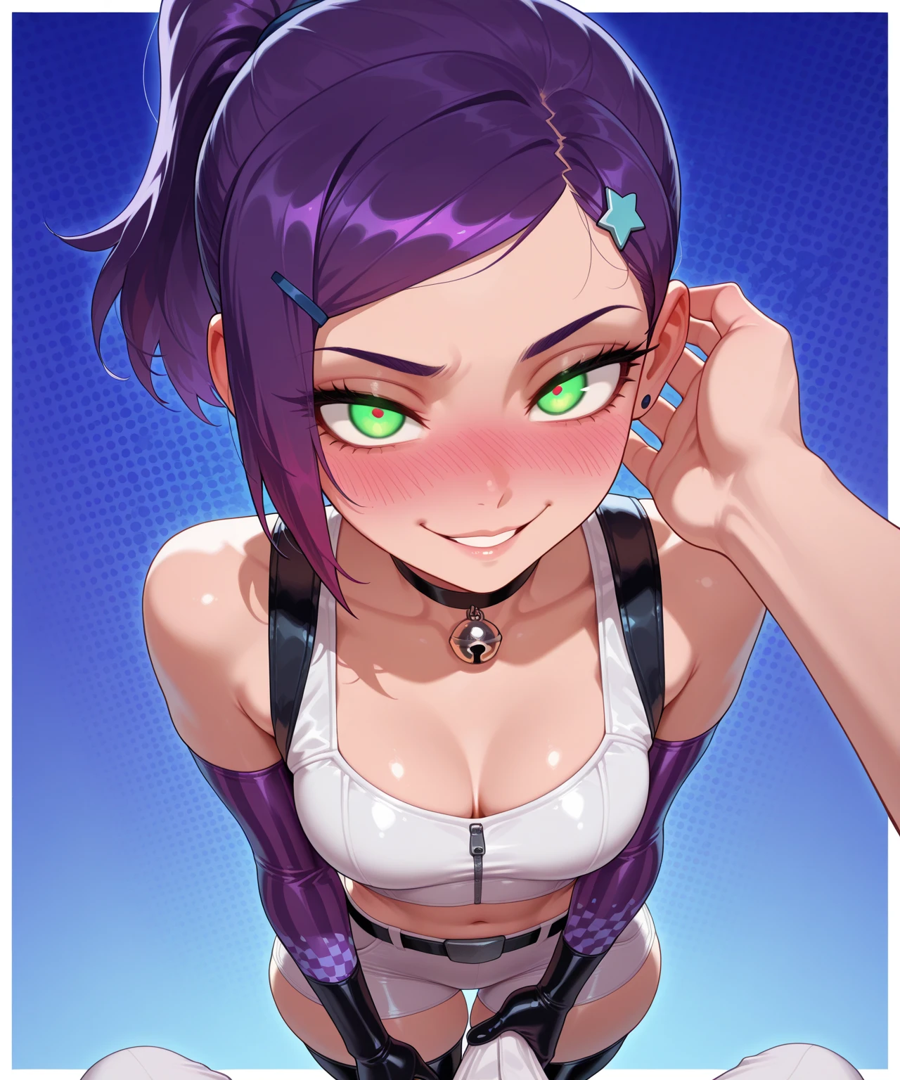_asura style, 1girl, solo, gloves, purple_hair, looking_at_viewer, elbow_gloves, smile, brown_eyes, long_hair, ponytail, leotard, shihouin_yoruichi, black_gloves, breasts, lips, sleeveless, selfie, bare_shoulders, medium_breasts