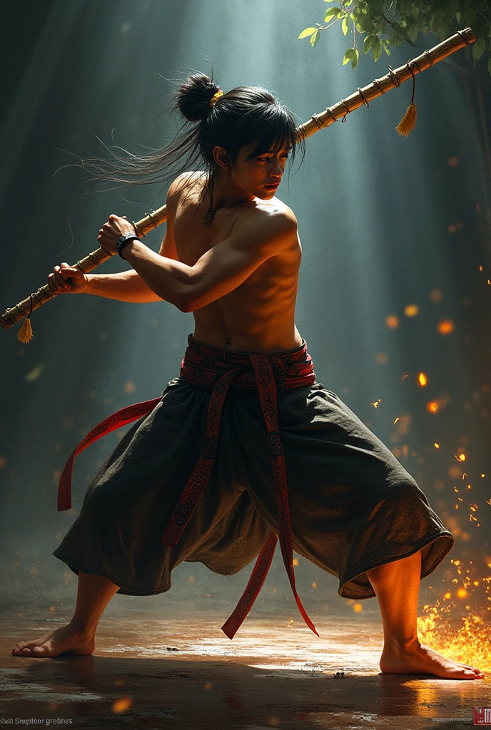 an anime character (tribe) fighting with itdaori and in the background a train with a rainy weather