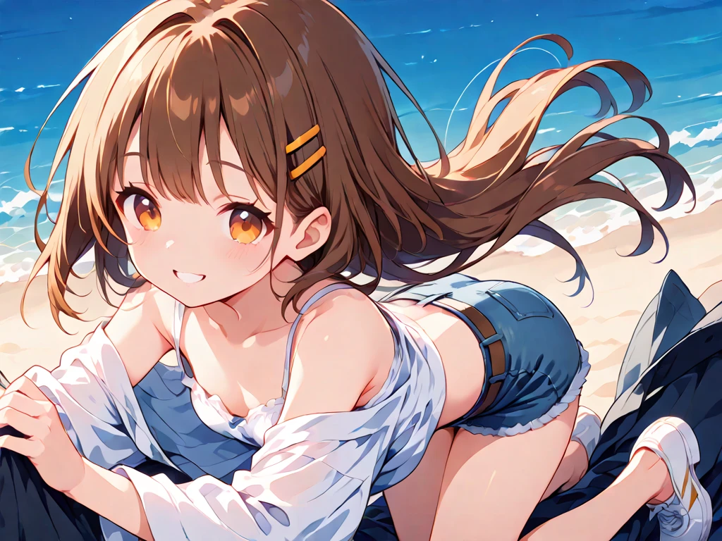 a beautiful girl with blue eyes and brown hair, one side of her hair is up with hair bobbles, she has long hair and a hair ornament, she is wearing a tight tiny yellow sleeveless shirt and a blue pleated short mini skirt, (best quality,4k,8k,highres,masterpiece:1.2),ultra-detailed,navel.blue water background,blush,white stockings,visible whtie panty,pinch skirt