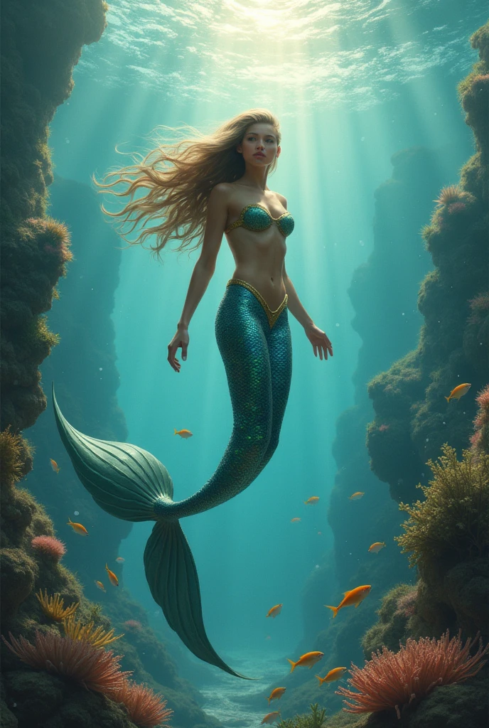 mermaid, with tail, long tail, long flowing hair, beautiful girl, full body, perfect, well detailed, well defined, ultra realistic, cinematic, neutral background, 8k.