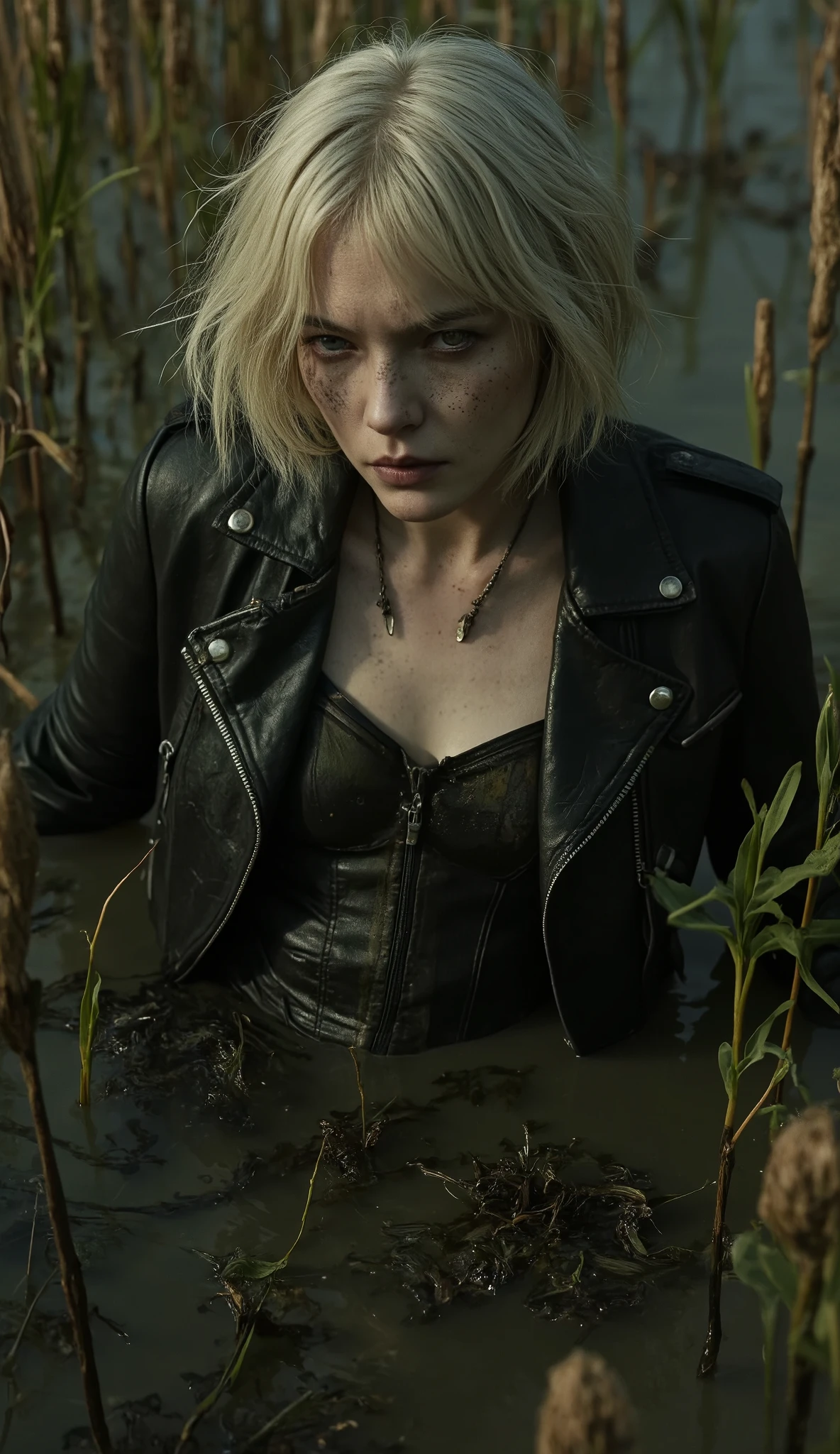 Phoebe Tonkin,artistic portrait, ugly mature Phoebe Tonkin over 50 y.o. withered, turns stuck in sludge murky vegetation mud, bob haircut. dirty messy leather biker jacket and leather biker tight pants and detailed biker corset. Tormented in lust ,reeds, polluted duckweed vegetation, strong bags under eyes, detailed portrait, moody lighting, gritty, dystopian, dark fantasy, rugged black night environment, muddy terrain, gloomy atmosphere, dramatic shadows, cinematic shot, ultra-detailed, 8K, HDR, photorealistic, masterpiece,