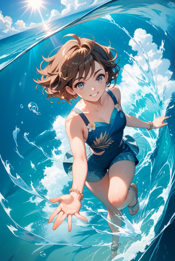 Create an image of a girl, school swimsuit, vibrant blue sky. The image should capture the essence of summer, with a warm and sunny background. The girl should be in a typical summer pose, with a high-contrast effect and a subtle glow. The upper part of the screen should have a darker tone, gradually transitioning into a brighter tone towards the bottom.