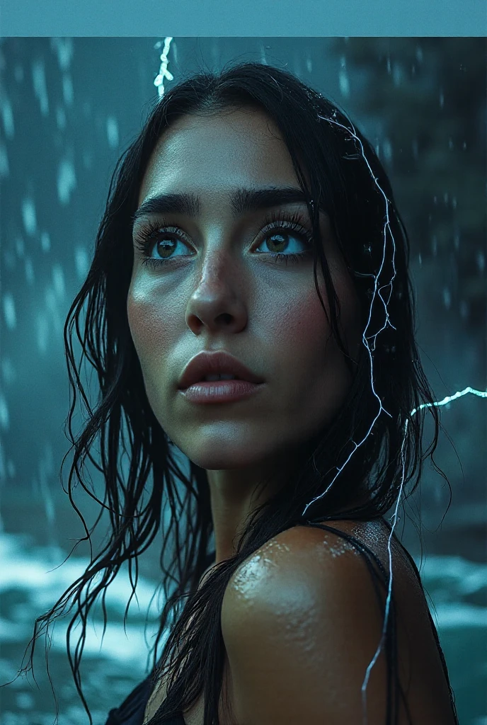 (((ultra realistic))), ((ultra-detailed face and eyes: 1.3)) ,(native girl), with very long thick hair, (feathers in hair), ((few clothes)) , ((indigenous clothing)) , slender body, (wet skin and clothes) , Near the waterfall, rain, mysterious dark atmosphere (In the moonlight, night, shadow), contrasting, ((ultra-detailed)), ((Skin detailing)), (scene from a movie about ancient people), (Dark color scheme)
