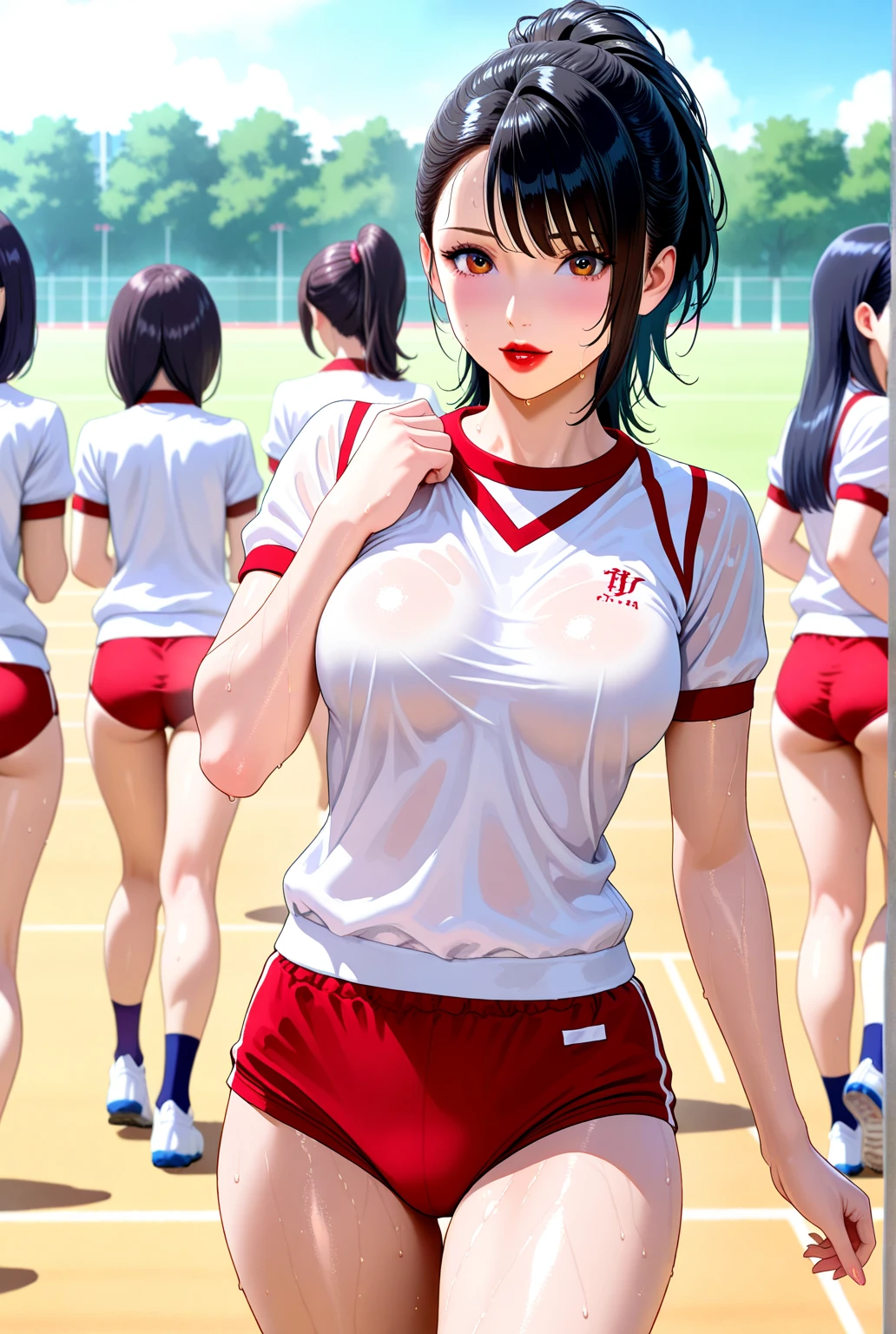 locker room,track suit,(Thin type:1.5),(large breasts),(random hairstyle),(Highest image quality,(8K), Ultra-realistic, Best Quality, High quality, High Definition, high quality texture, high detailing, Beautiful detailed, fine detailed, extremely details CG, Detailed texture, realistic representation of face, masterpiece, presence)