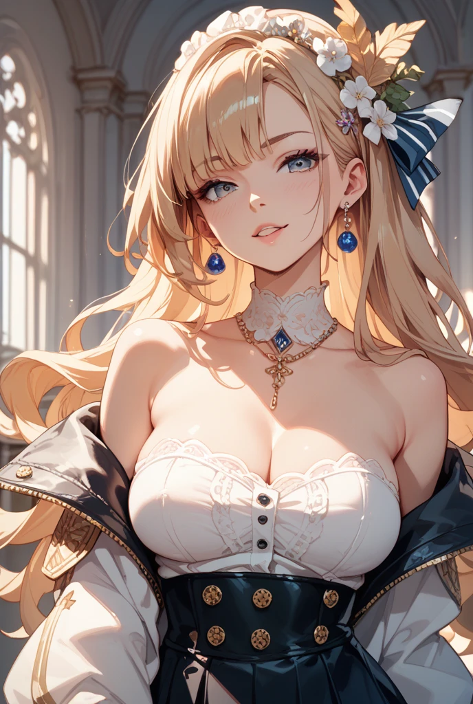 (masterpiece、highest quality、highest quality、Official Art、Beautiful and aesthetic:1.2)Platinum blonde wavy hair、Adult women、A charming smile、blue eyes、big breasts、Earrings、necklace、bracelet