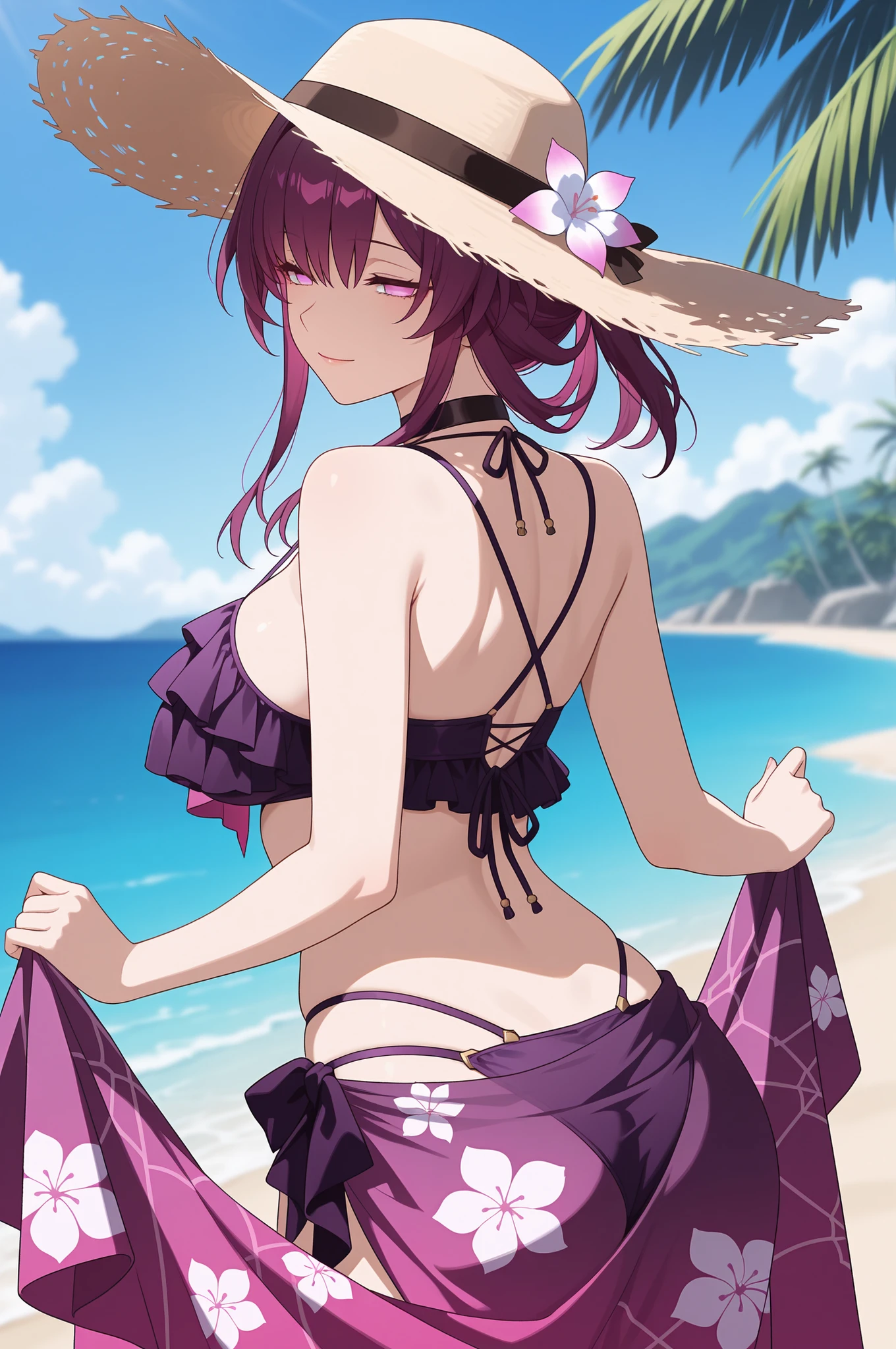 best quality, insanely detailed, nino nakano, breasts, smile, swimsuit, halterneck, striped tops, flower print,nipple,pussy,nsfw