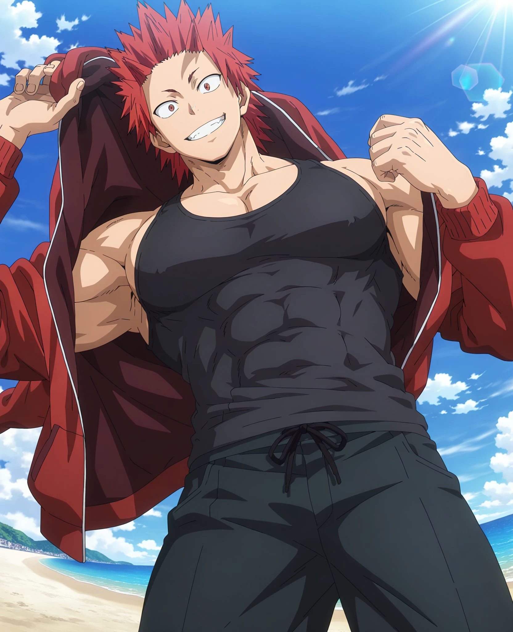 1boy, solo, male focus, looking at viewer, a young handsome muscular boy, male model, kirishima eijiro, red eyes, detailed eyes, detailed face, red hair, naked, nude, shirtless, pantless, detailed skin, huge nipples, dark nipples, protruding nipples, (huge muscles, huge penis), blushing, intimidating, imposing stature, confident, focus, furrowed eyebrows, grinning, sharp teeth, smug, outdoors, various poses, aesthetics, perfect hands, ansatsu kyoushitsu artstyle, sexy and cute