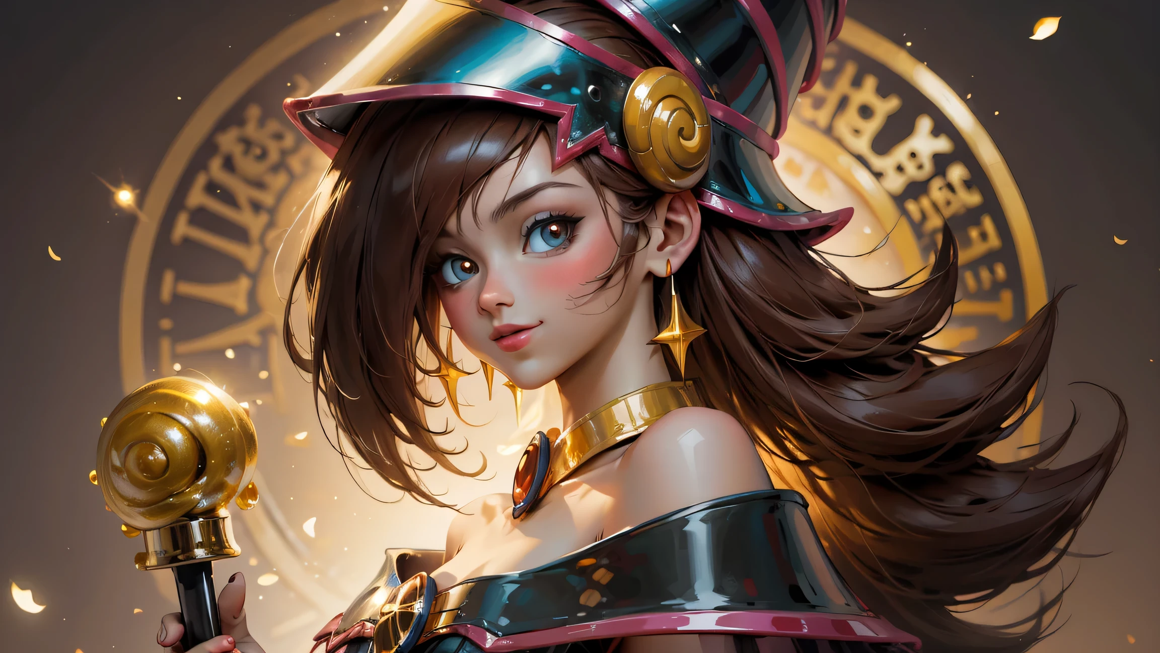 Ukiyo-e Ultra (Frank Frazetta) detailed really cute brunette sorceress flying over a village, young adult woman with short hair, with nice shiny eyes smiling surrounded by cute slimes, focus on face, sharp focus, magic, soft tetradic colors, cartoon vector, volumetric lights, very detailed dungeon scenery, visually rich, manga, dragon ball, 2D, best quality, by Mschiffer,