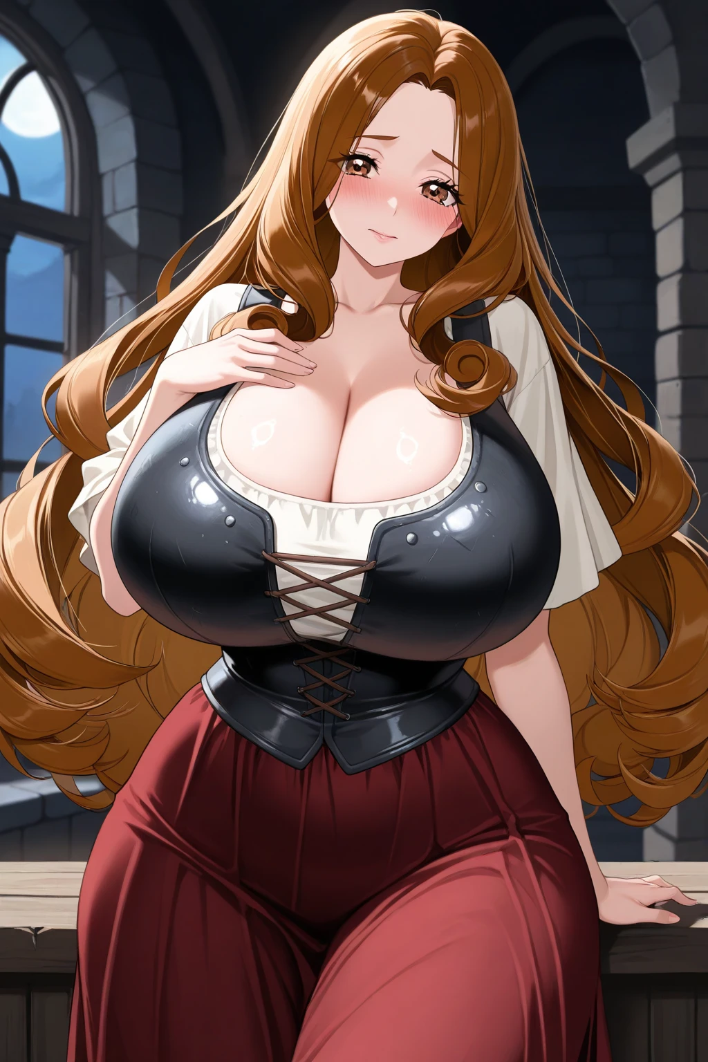 (best quality), (masterpiece), 1 girl, early 20's, huge heavy breasts, busty, massive breasts, thick, thick lips, wide hips, thin waist, Thigh highs, floral print corset, metal corset, pleated micro skirt, undersized bra, outside in medieval town square, walking down cobblestone street with medieval buildings on either side, tight clothes, tight bra, detailed eyes, blue eyes