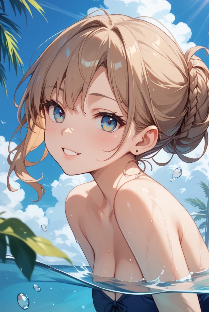 MichishioKC, Upper body, from front, {{{{{medium breast}}}}}, {{{{{Topless}}}}},{{{{{naked}}}}}, angry, looking at viewer, beach