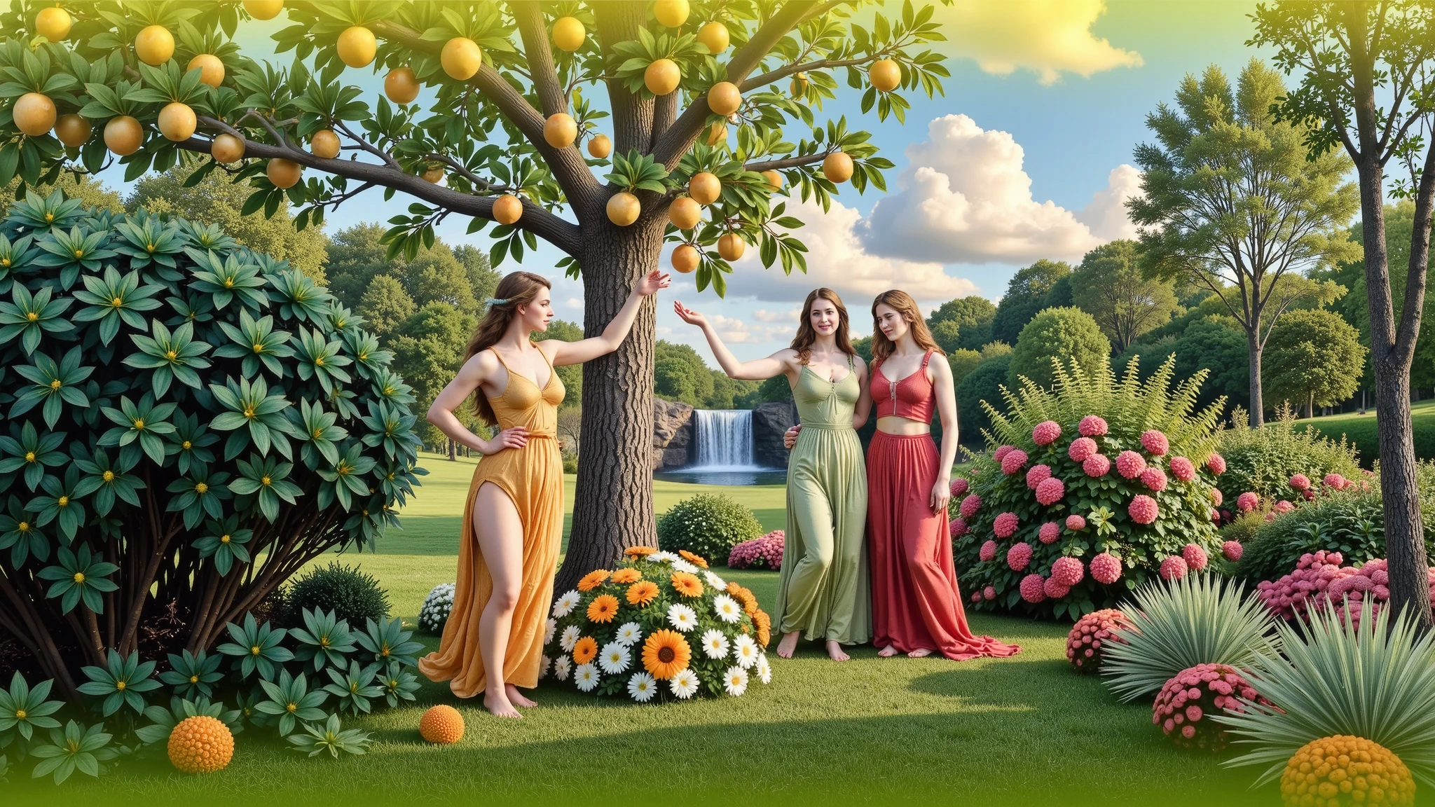 An enchanted garden bathed in the golden light of dusk, filled with leafy trees with gleaming leaves and golden fruits—magical apples that shine like tiny suns. In the center, three nymphs—the Hesperides—dance gracefully among exotic flowers, their flowing robes draped with soft halos of light surrounding their bodies. In the background, a waterfall of crystal-clear water reflects the sky in shades of orange and violet. The atmosphere is one of enchantment, mystery, and divine protection.