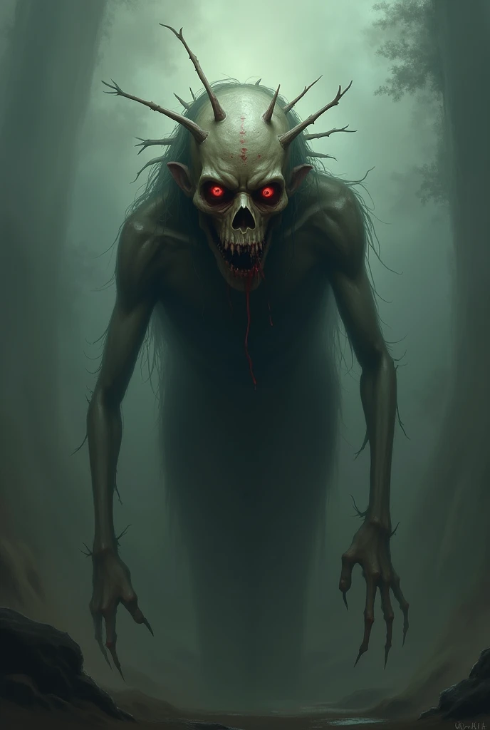 a close up of a creepy looking creature in a forest, resident evil virus concept art, large eyes and menacing smile, jump scare, red giant, d&d art, evil standing smiling pose, tortured face made of wood, kerem beyit, stranger things vecna, the reaper as a scary, an eerie