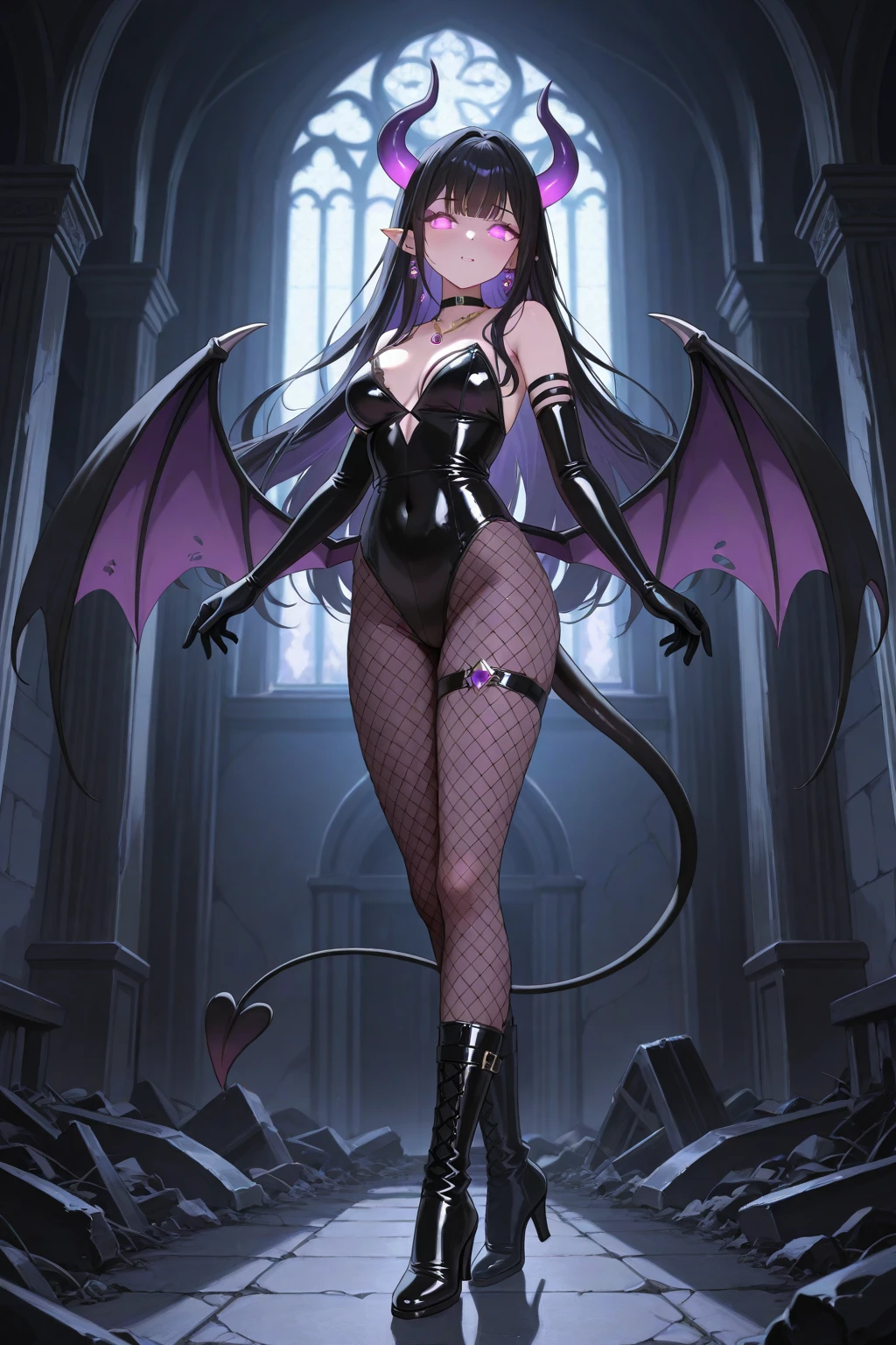 ((Highest quality)), ((masterpiece)), (detailed), (Perfect Face)、A naked woman is the devil queen Tifa Lockhart, a sexy female demon wearing a shiny black full-body bodysuit decorated with gold.、The woman is a female demon with magnificent devil horns, jet black devil wings, and a jet black tail. She is looking at the camera with a happy expression, her name is Tifa Lockhart, and she has medium long black hair and the expression of a girl in love.、The woman is Tifa Lockhart