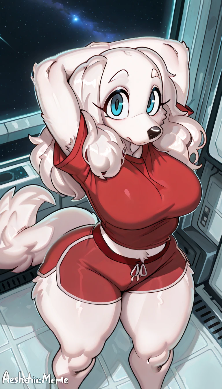 A chubby shortstack fennec fox with white fur wearing a red spacesuit uniform, big butt, chubby, big boobs, short, very short, short girl, big ears, blue eyes, detailed eyes, detailed hands, white fur, white body, solo, female, space, spaceship, window, red jumpsuit, red spacesuit, fennec, by bebebebebe, ((by buta99)), standing, blonde hair, short hair
