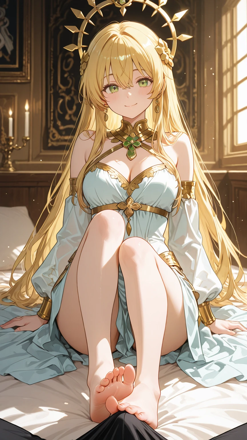 Queen elf woman, wears a maid outfit showing her panties, has long messy shaggy blonde hair, has red-orange eyes, has a big breast.