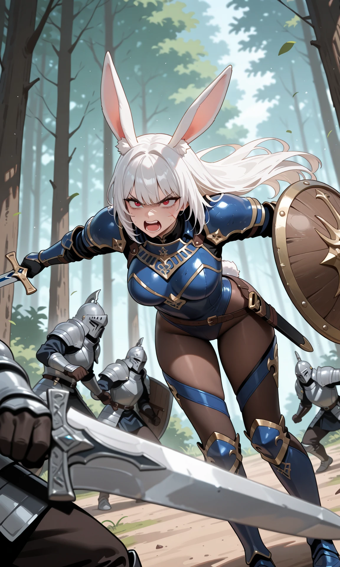 (highres, best quality), far from frame, depth of field, Adult female, (detailed, highly detailed), soft lighting, (color_contrast), Long white hair, undercut hair style, brown eyes, rabbit ears, rabbit tail, fitted armor, full body armor, medium breasts, brandishing a sword: longsword, silver steel on cross guard, ornament pummel, holding hilt of the sword, (detailed hands, detailed weapon), on a battlefield, looking fierce, looking determined, detailed eyes, cute, toned body, thick thighs, covered legs, muscular arms, surrounded by a malicious aura