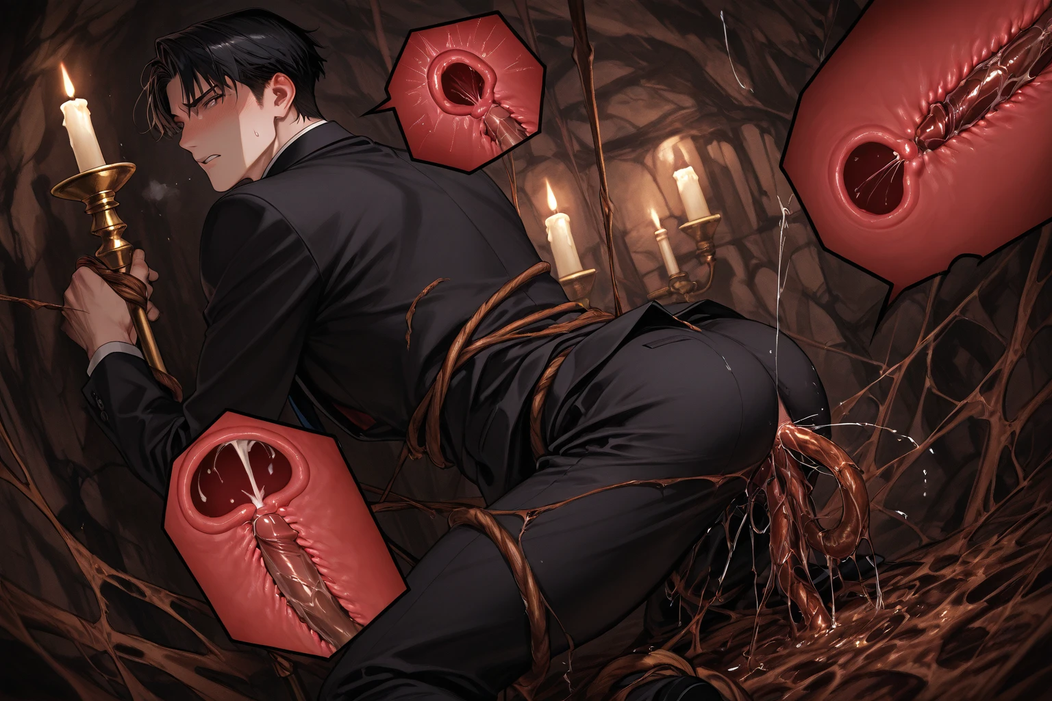 A man concentrating. Mouth open, clutching his fallopian tubes. Focus on a naked man with short black hair in half-torn clothes. He is raped doggy style by a very large cockroach. His face is contorted with fear. A man with red eyes. A man being held down by a very large cockroach. Sperm is fertilized and deposited in his anus. A very large cockroach climbs on a naked man and inserts his penis into his anus, the man's face is in an ahegao. In a very dark underground cave, a man is raped for reproduction, a very large cockroach climbs on a naked man and inserts his penis into his anus. A lot of sperm, anus, face drenched, he becomes a breeding ground for cockroach larvae, his body is wet. Erotic illustration. Cockroach larvae swarm around the overflowing sperm. A confused face. A man being forcefully inseminated by a very large cockroach. A very large cockroach climbs on a naked man and inserts his penis into his anus. A man being held down by a very large cockroach. A very large cockroach climbs onto a naked man and inserts its penis into his anus, the man's face is in an ahegao. A man with short black hair and red eyes. A black glove on one hand. Tattoos only on his lower abdomen.