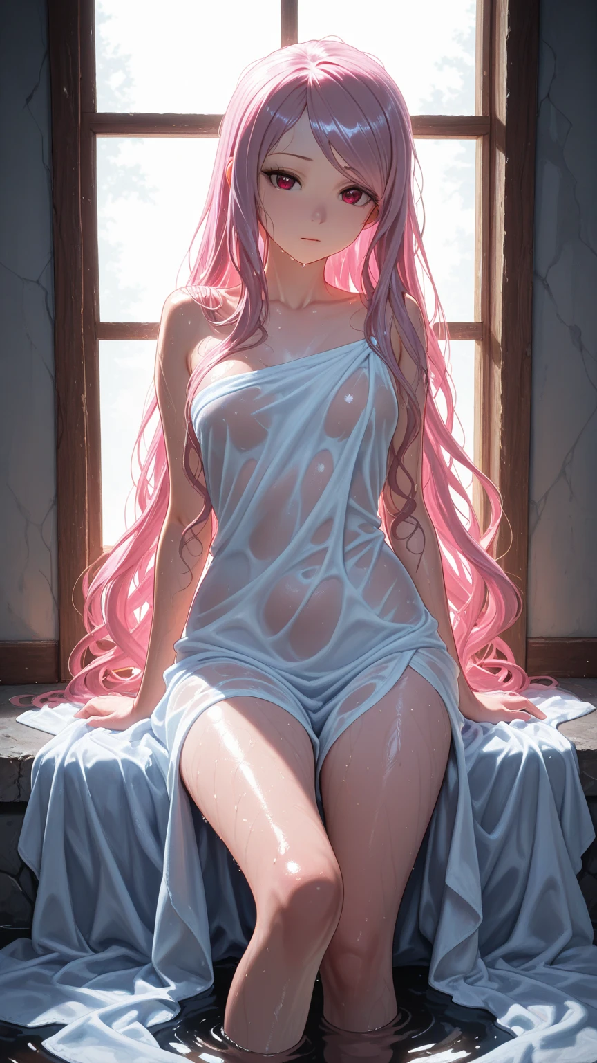 Shy and delicate girl, long hair, pink dress, open door, a jar of flowers hanging on the wall, house decorated with plants, flowers illuminated by the sun, full body, facing the camera, ((full nude, lower body, bare breasts, exposed))