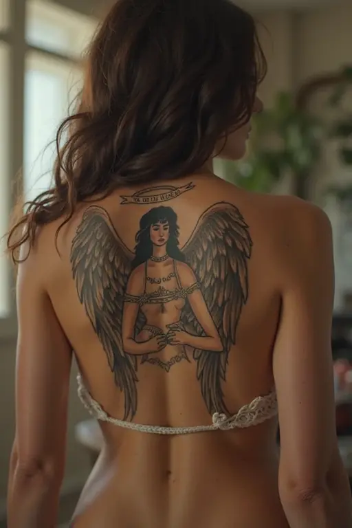 A tempting fallen angel, with blonde hair and light brown eyes with a tribal wings tattoo on her back