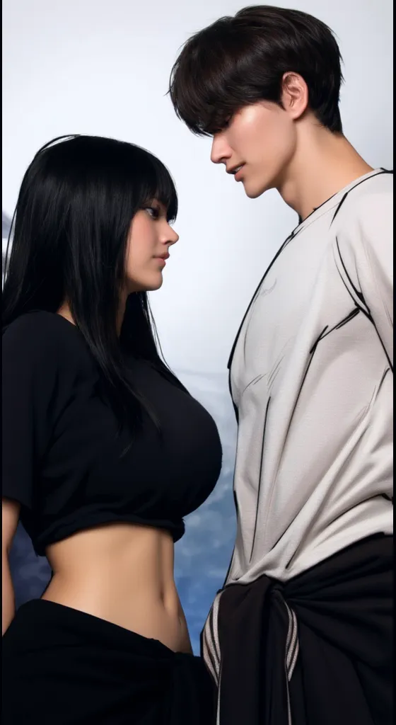 create a realistic 3D image, a pair of male and female lovers kissing each other warmly, the man is wearing a blue hoodie, jeans, and the woman is wearing just a bra and panties. Gradient black background with intense light quality.