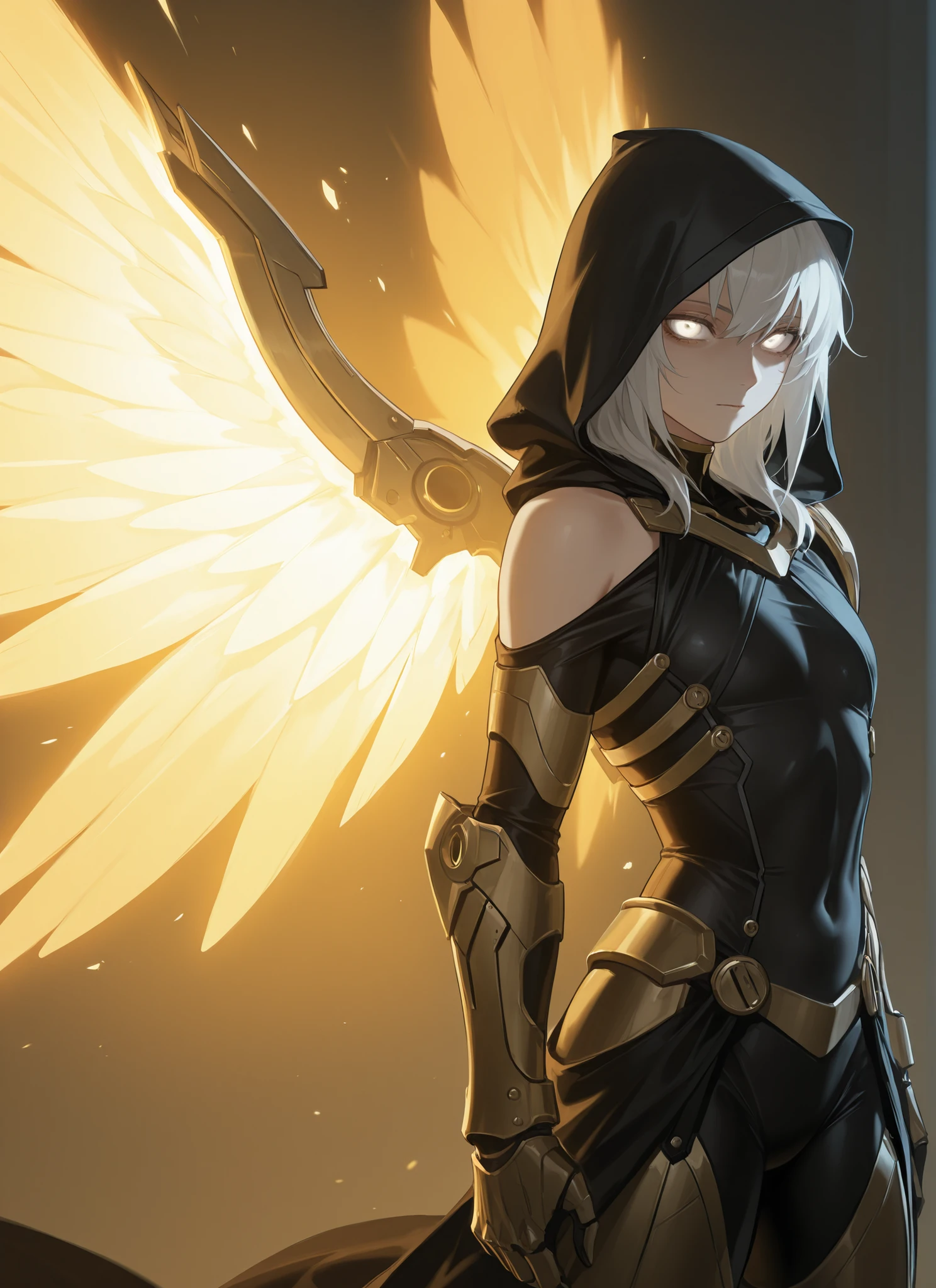 Wings, glowing wings,,(face focus, cowboy shot:1.22), dynamic pose, three quarter shot, mature, flat , femboy, (1girl:0.75), solo, effeminate, tomboy, masterpiece, best quality, amazing quality, very aesthetic, high resolution, ultra-detailed, (soft shading, soft shadows, volumetric light:1.14), dramatic lighting, absurdres, (astolfo:0.33), white hair, medium hair, glowing white eyes, protoss, nanosuit, protoss armour, hierarch armour, glare, wristblade, gauntlet, aura, greek clothes, exposed shoulders, rage, Grim Reaper, Grim, hooded cloak, gesugao, yandere,