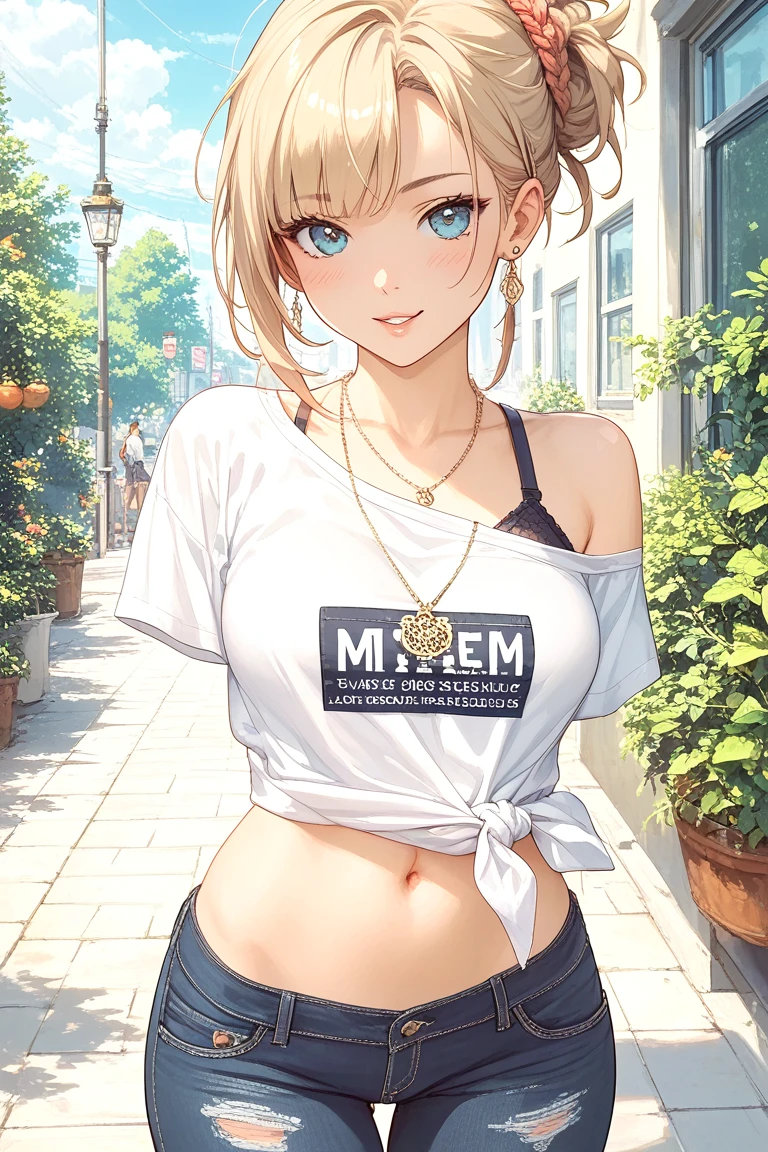 (masterpiece, best quality:1.2), close-up, solo, Android 18 from Dragon Ball, collarbone, , ((slip-on one-shoulder crop top)), (light gray top:1.2), no jacket, midriff-baring, navel, ((white baggy pants with one button undone)),   , small , short blonde hair loose, ((blue eyes)), ((wearing glasses)), earrings on earlobes, slender feminine figure, narrow waistline, skinny body, (plane black cap), (cap without logo), beach sandals, sunlight, walking, facing the camera, blur background, Valletta's large Triton Fountain, baroque architectural style, natural lighting and shadows, female tourist wearing summer outfit, 4K