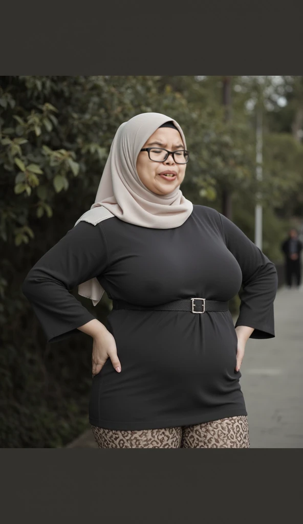 Malay milf in hijab, wearing a glasses, overweight, chubby, ssbbw, getting fat, obesse, belly getting bigger, potrait, smile, wearing a cardigan, at office, office desk, office chair, do a job