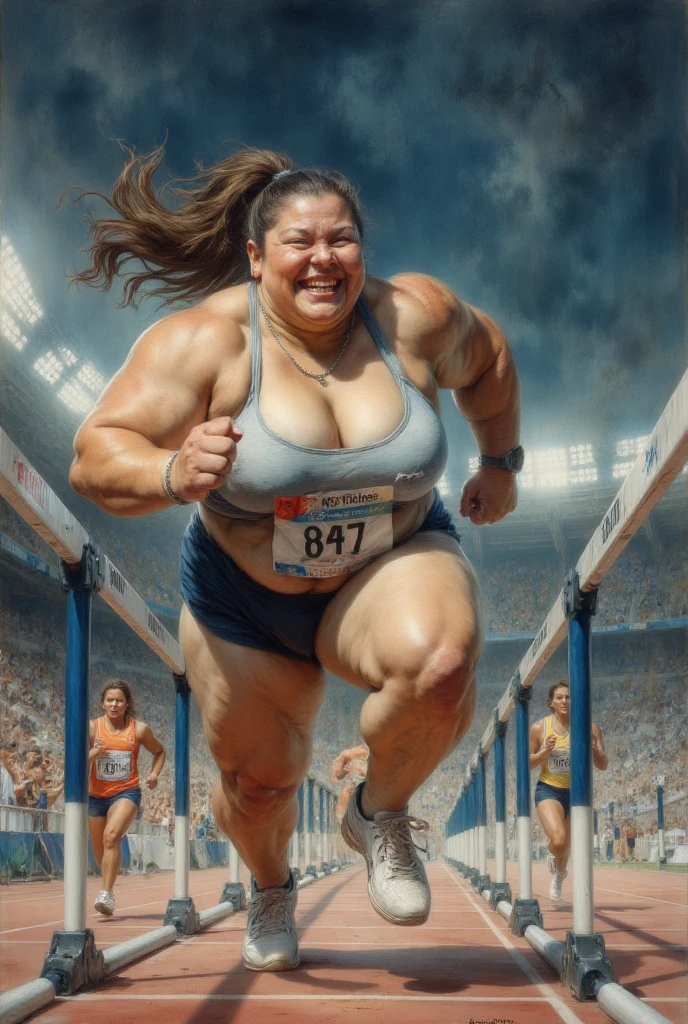 nsfw,(Full nudity:1.9),(Masterpiece、High Precision、high quality、8K、Thorough realism),(Long ponytail hairstyle),(Female Athletes),(Big Tits:1.7),(Thick and wide pubic hair:1.3),(Concentrated expression),(((Ripped muscular body、Six-pack、muscular thick thighs))),((((Olympic sprint)))),(Sprinting forward in a race:1.5),30-year-old Japanese female runner,(Olympic Venues:1.3)