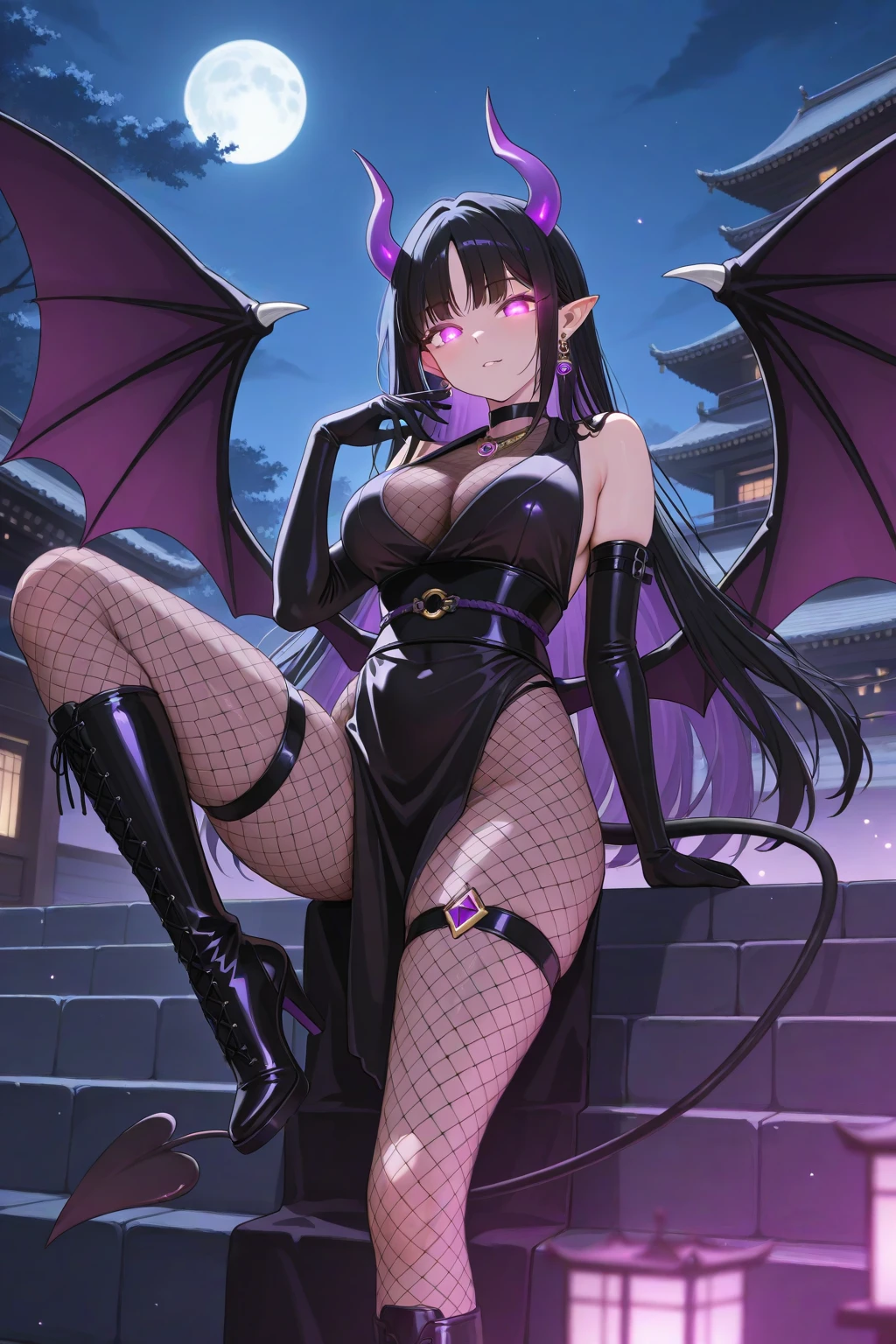 (seductive gothic lady with ample bosom and wearing booty shorts, wearing bikini top), black color scheme, black hair, blue eyes, devil horns, seductive gaze, naked, big butt, big ass, showing feet to viewer