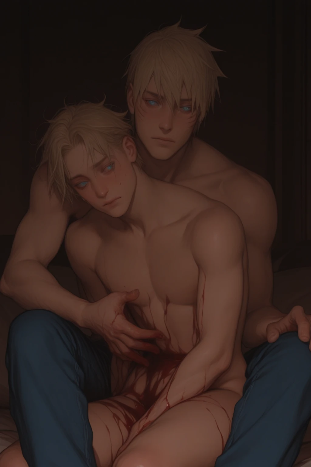 Best quality, masterpiece, intricate details, muscular male vampire, vampire fangs, extremely pale skin, beautiful medium length hair, red eyes, seductive look, wolfcut blond hair, big nipple ring, fucks another handsome tanned male human, ???? sex, ??? from behind, ??????????, grabs head, grabs hair, in misty graveyard, dripping precum, at night, gay, homoerotic, best view, manga art style, perfect fingers, no watermark, no logo, no signature